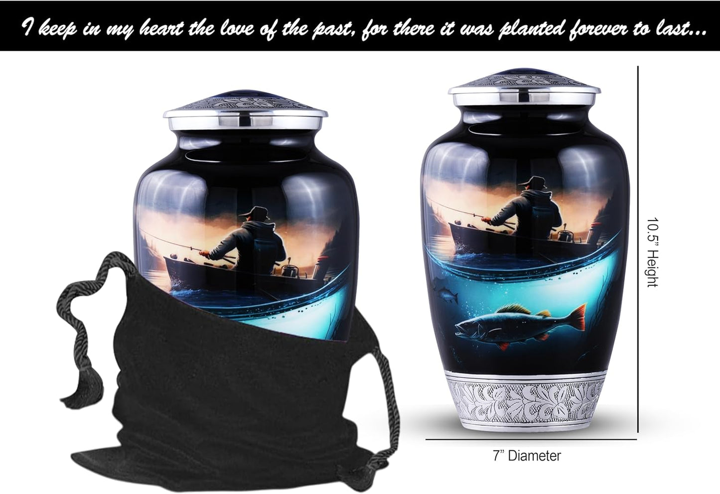 Handmade Adult Fishing Urn for Human Ashes – Large Cremation Urn for Men & Women with Velvet Bag, Memorial Funeral Urn for a Loved One,200Cubic Inch(Fishing Black, Adult) Fishing Black Adult