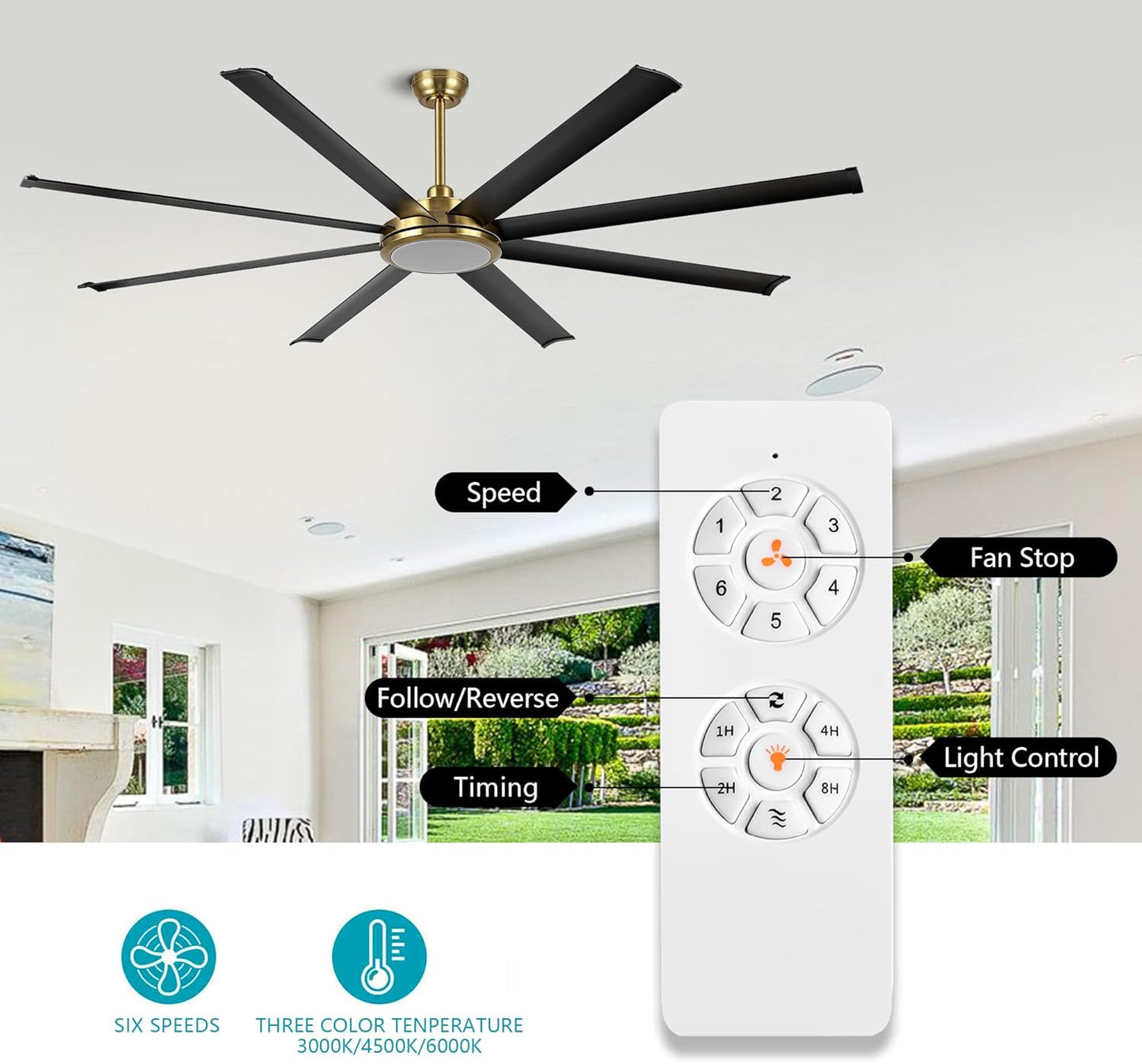 80' Ceiling Fan with Lights and Remote, Brass and Black Ceiling Fan with 3 Downrod, 8 Aluminum Blades, 6-Speed Reversible DC Motor, Industrial Larg