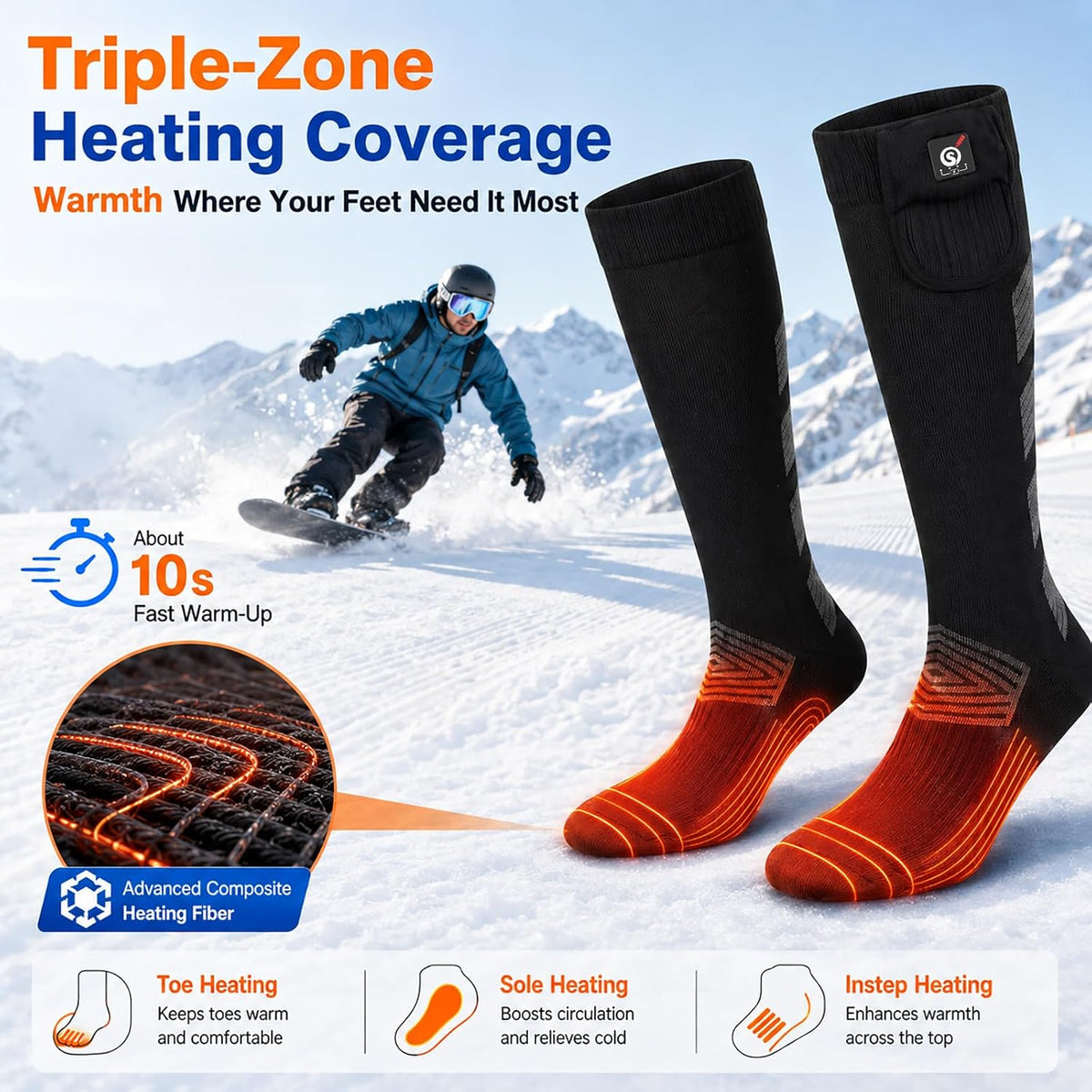 Sun Will Heated Socks for Men Women, 3 Heat Settings, USB Rechargeable Black Medium