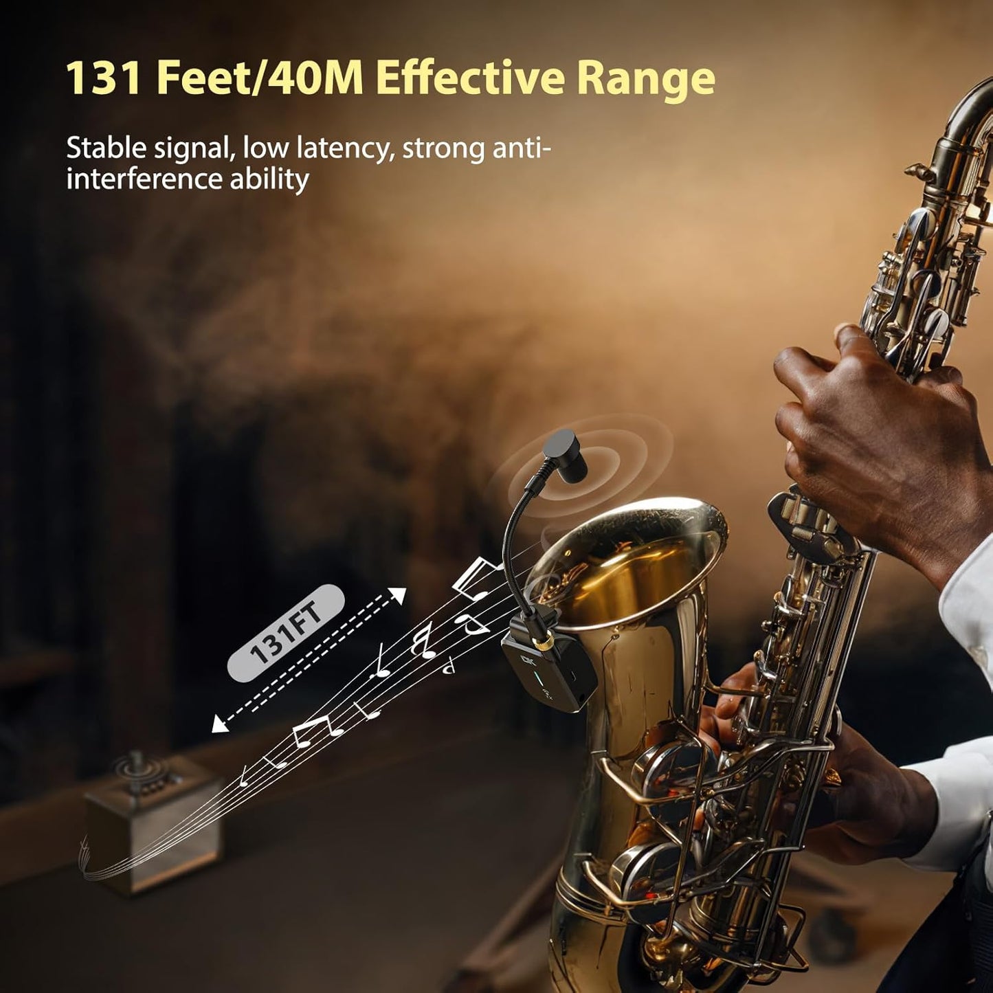 UHF Wireless Saxophone System, Clip-On Multifunctional Instruments Microphone with Charging Case, Three Sax Dedicated Modes, 131 Feet Transmission,