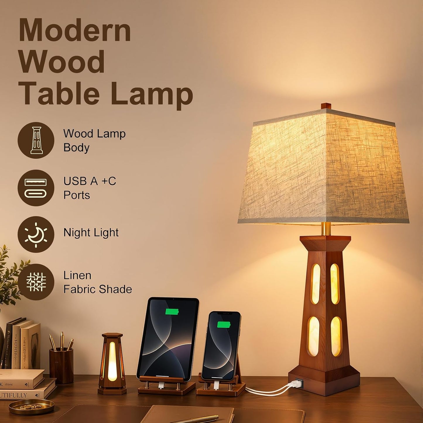 Scenekoy 28" Wooden Traditional Table Lamps Set of 2 for Living Room Office | Night Light, Square Linen Shade, USB C+A Charging Ports, LED Bulb Included, Bedside Lamp, Bedroom Table Lamp, Nightstand