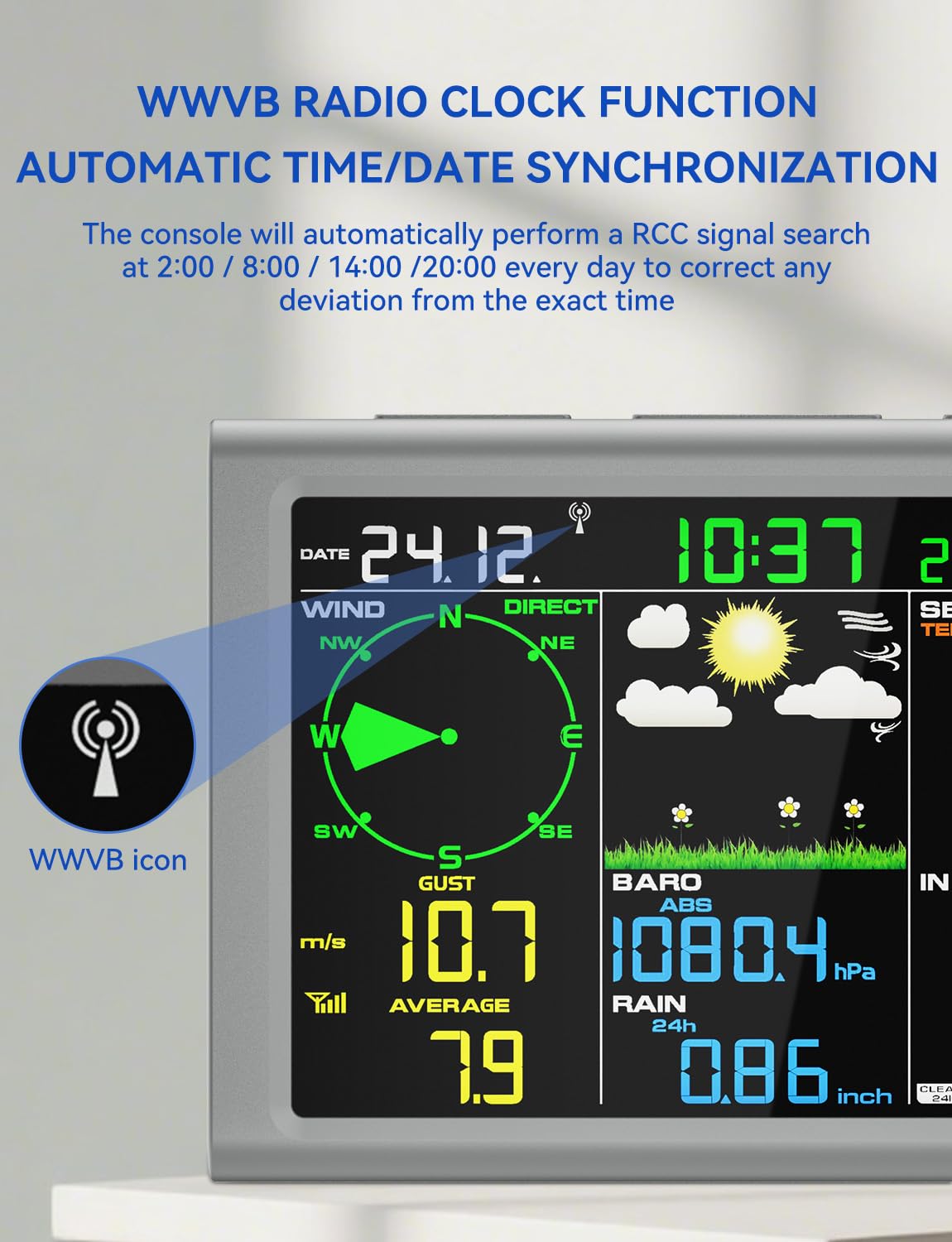 10-in-1 Wireless Weather Station Outdoor Sensor, Rain Gauge, Atomic Clock, Wind Speed/Direction, Indoor Temp/Humidity, Barometer, Forecast.(No WiFi)