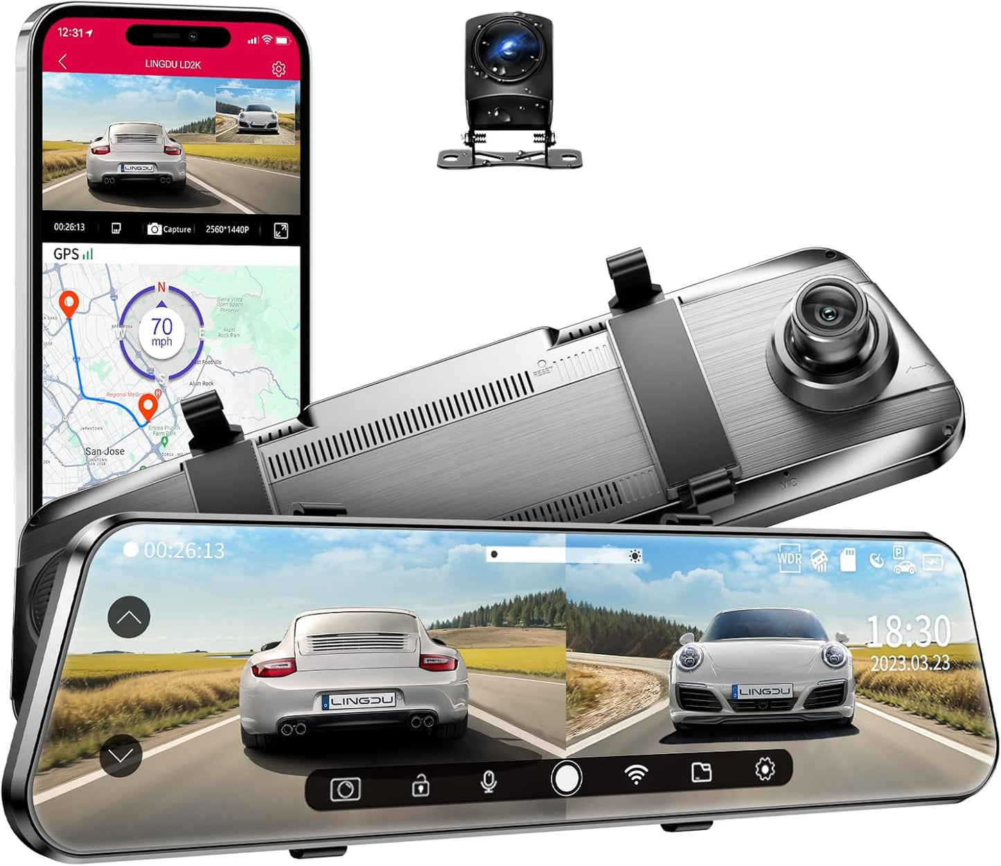 LINGDU LD2K Rear View Mirror Camera WiFi, 2.5K Mirror Dash Cam Front and Rear, 10' Full Touch Screen Rear View Mirror Backup Camera, Reverse Assist,