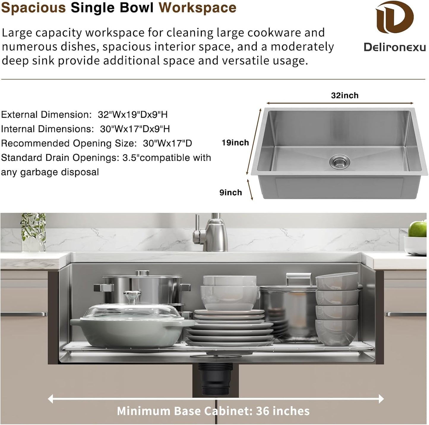 32-Inch Undermount Kitchen Sink - Delironexu Handmade 16 Gauge Stainless Steel Deep Single Bowl Sink with Brushed Finish