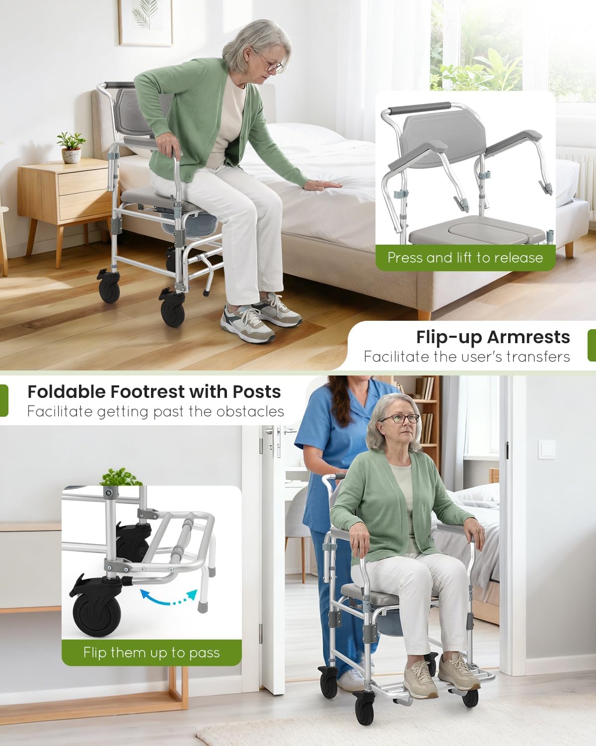 Shower Chair with Wheels & Commode for Elderly and Disabled | 330 lbs heavy-duty aluminum rolling bath chair, flip-up armrest for easy transfer, includes 5" enlarged casters & safety belt
