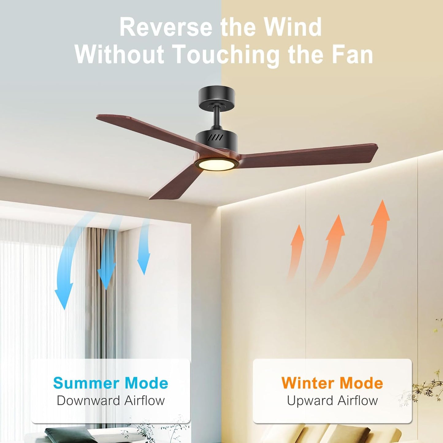 Walnut Wood 52 inch Ceiling Fan with Light, 3 Blade Ceiling Fan with Light, Downrods, 6CCT, Black Low Profile Ceiling F