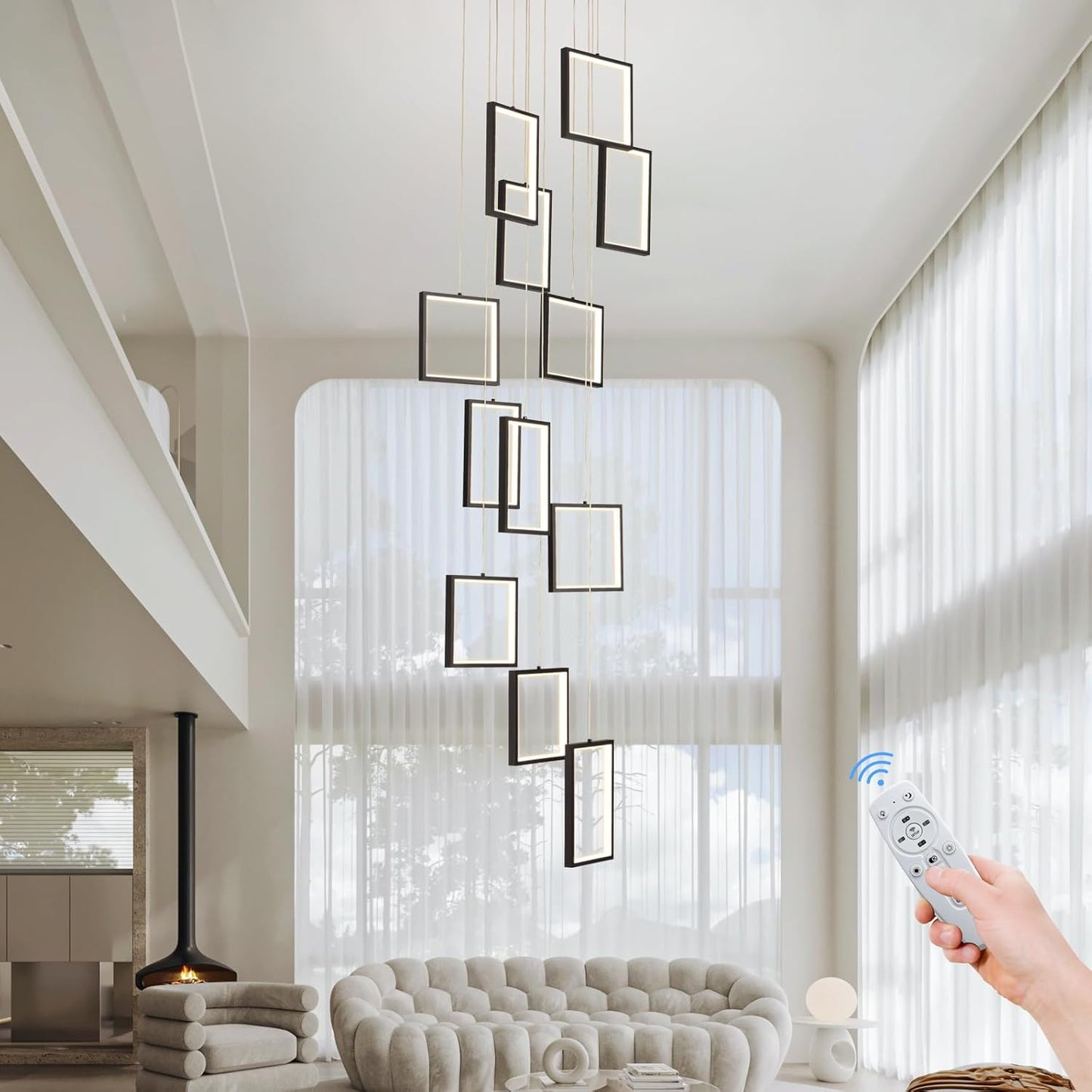 SUSUDZ Modern LED Chandelier 12 Rings Rectangle Chandelier Adjustable Height Long Staircase Chandelier Foyer High Ceiling Light Fixture Chandelier