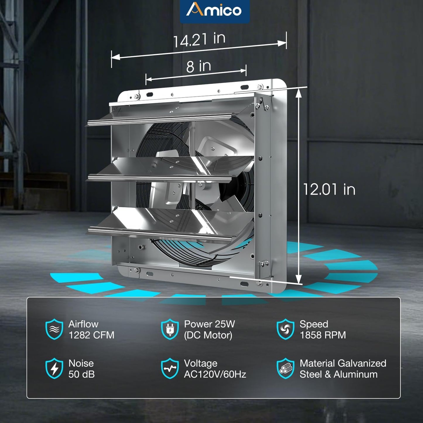 Amico 12" Smart Shutter Exhaust Fan with Thermostat & 8 Speed, 1282 CFM (Up to 1800 Sq.Ft), 25W Energy Saving Brushless DC Motor, Wall Mount Garage/Attic/Greenhouse Vent Fan, Plug & Play, FCC & ETL