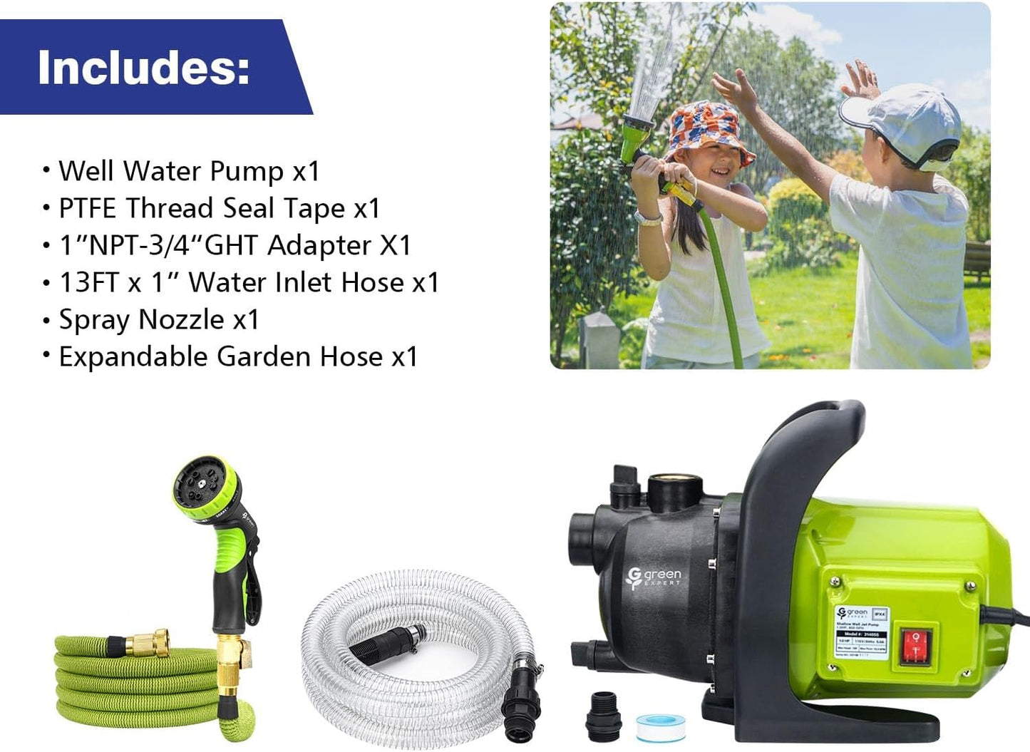 Green Expert 1HP Shallow Well Pump with Hose Kit Household Irrigation System Includes Jet Pump 13FT Inlet Hose 25FT Expan