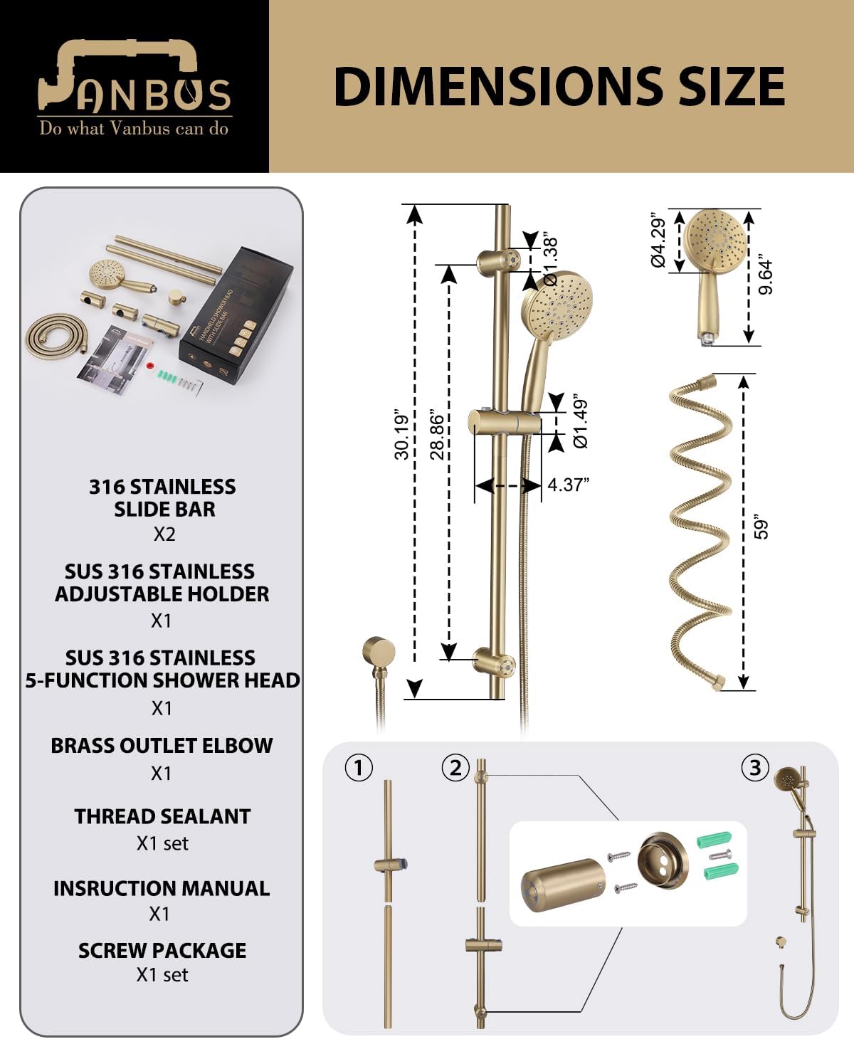 Eco-Performance Brushed Gold Handheld Shower with Adjustable 32-Inch Slide Bar and 59-Inch Hose, 5-Function Hand