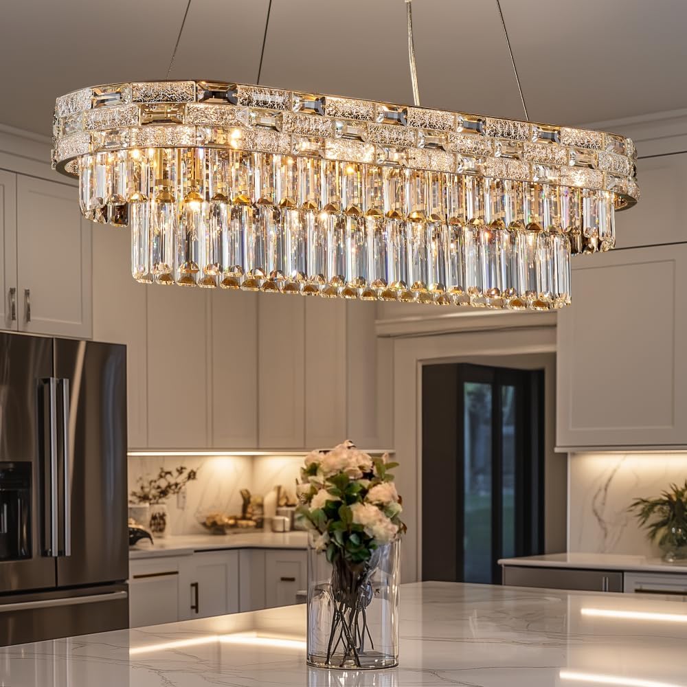 HUANXISHA Gold Oval 12-Light Modern Crystal Chandelier for Dining Room Kitchen Island Bar, L34.3 Inch