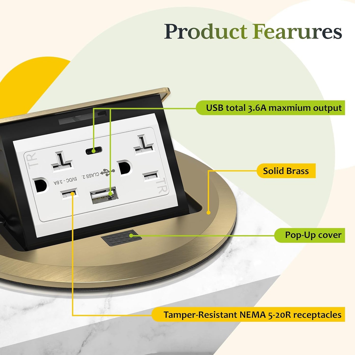 Pop-Up Round Floor Box Kit, 3.6Amp Type C USB Outlet, 15A Tamper-Weather-Resistant USB Receptacle Outlet