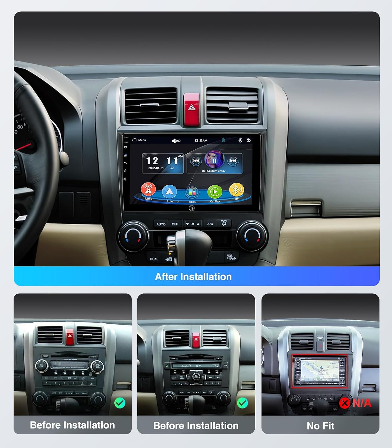 Car Radio Stereo for Honda CRV 2006-2011, Wireless CarPlay Android Auto 9 Inch Linux Touch Screen GPS Navigation Head Unit WiFi Bluetooth FM/AM