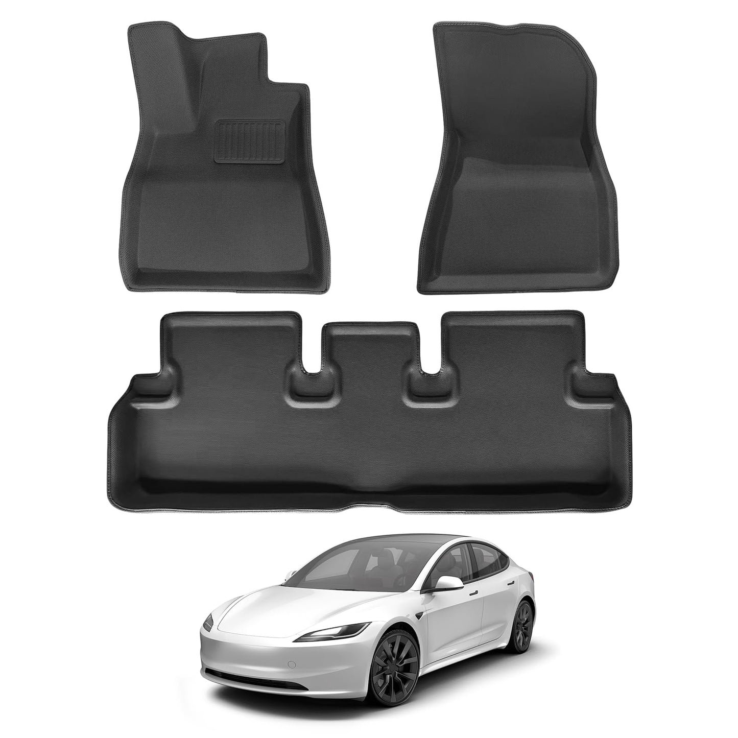 Floor Mats for Tesla Model 3 2020 2021 2022 2023 2024 2025 Highland Premium TPE All-Weather with High Edges,1st & 2nd Row Waterproof Anti-Slip Car Accessories, Pedal Safe Design, Easy to Clean.