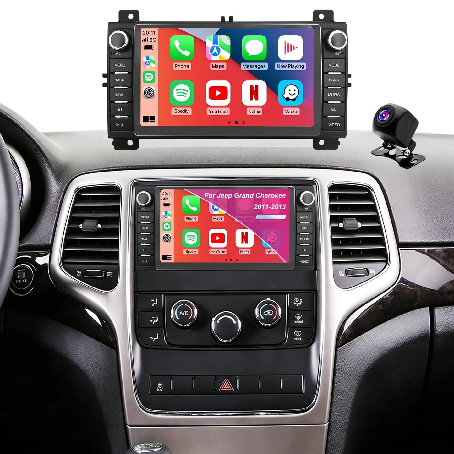 Car Radio for Jeep Grand Cherokee 2011 2012 2013, Dodge Durango 2011 2012 2013, 7 Inch Touch Screen Headunit Stereo Upgrade with Wireless Carplay Android Auto 5GWiFi Backup Camera Bluetooth GPS FM SWC