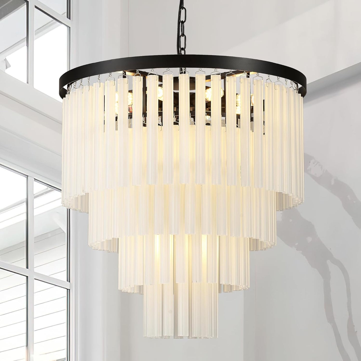 Modern 4-Tier 14-Lights Chandelier Light Fixture, 22.8 Creamy White Frosted Glass Pendant Light Fixture for Dining Room Living Room Entryway Foyer S