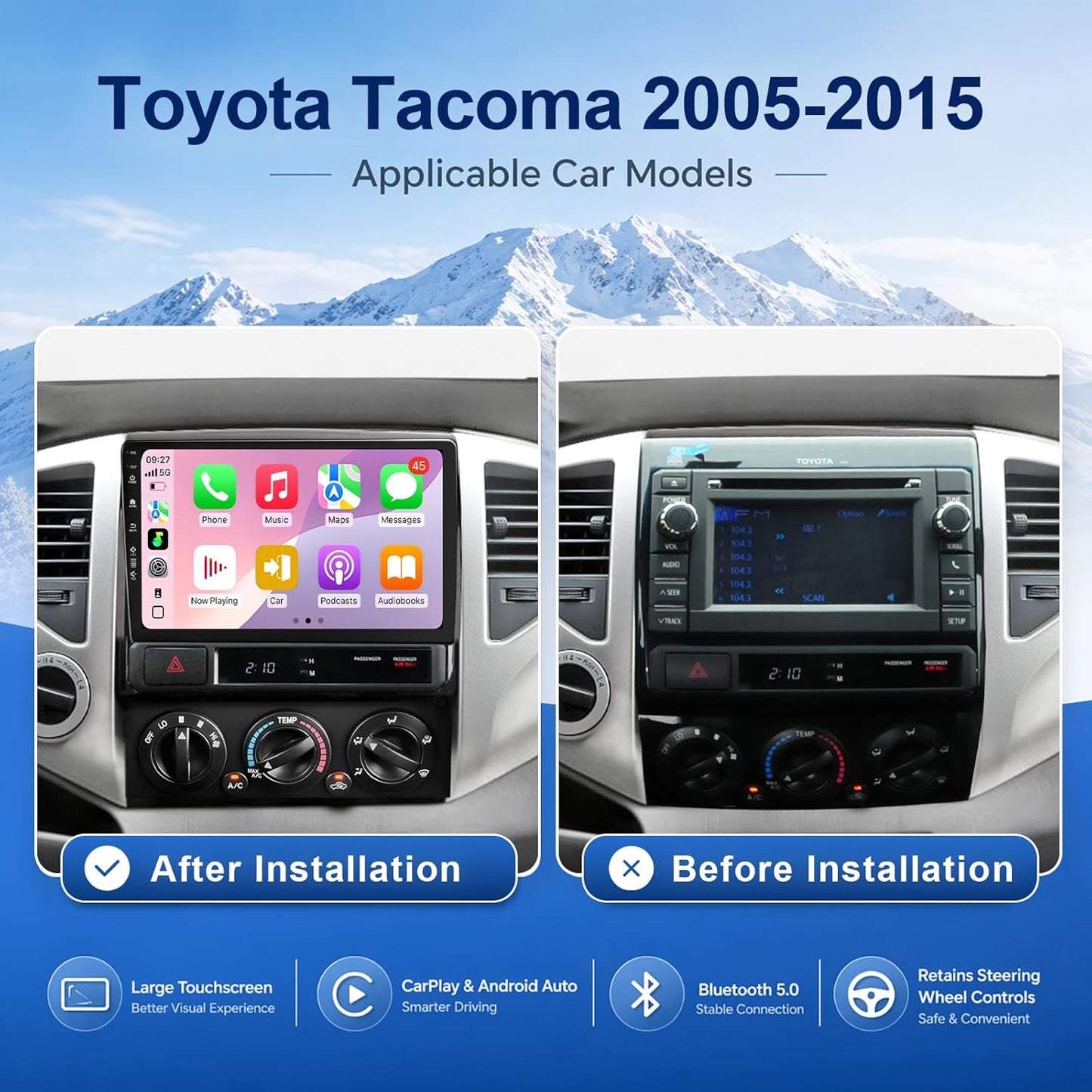 5G-WiFi6 (4Core 64G ROM) Car Radio Stereo for Toyota Tacoma 2005-2015,9 inch Touch Screen Head Unit with Wireless Carplay Android Auto GPS Bluetooth SWC FM Mirror Link Backup Camera (2Ram 64Rom)