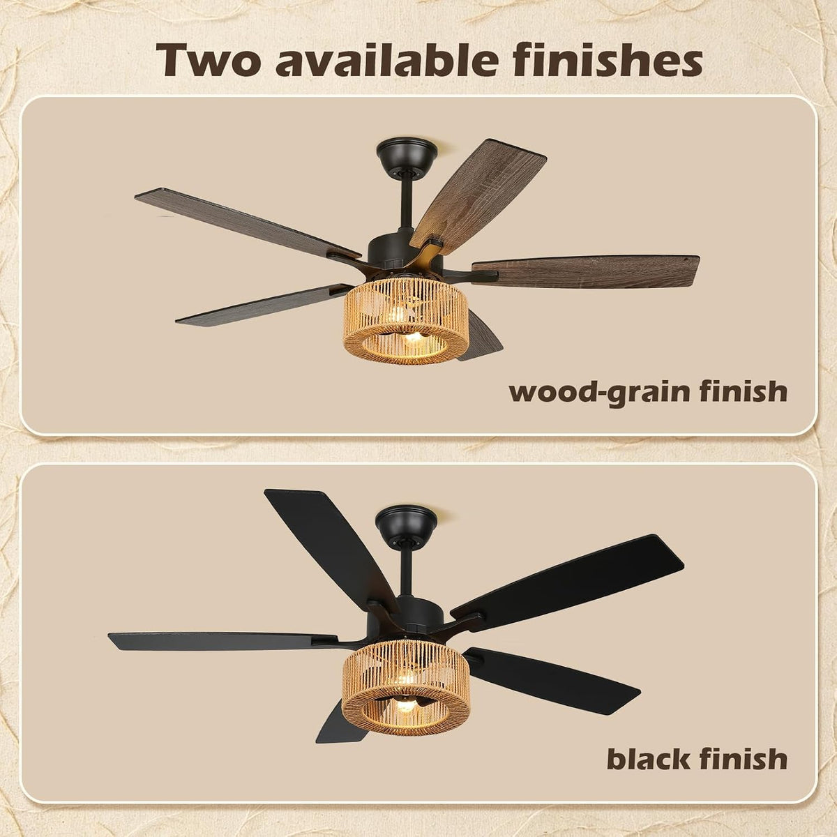 52In Boho Fandelier Ceiling Fan with Light, Hand-Woven Rattan Shade Beige
