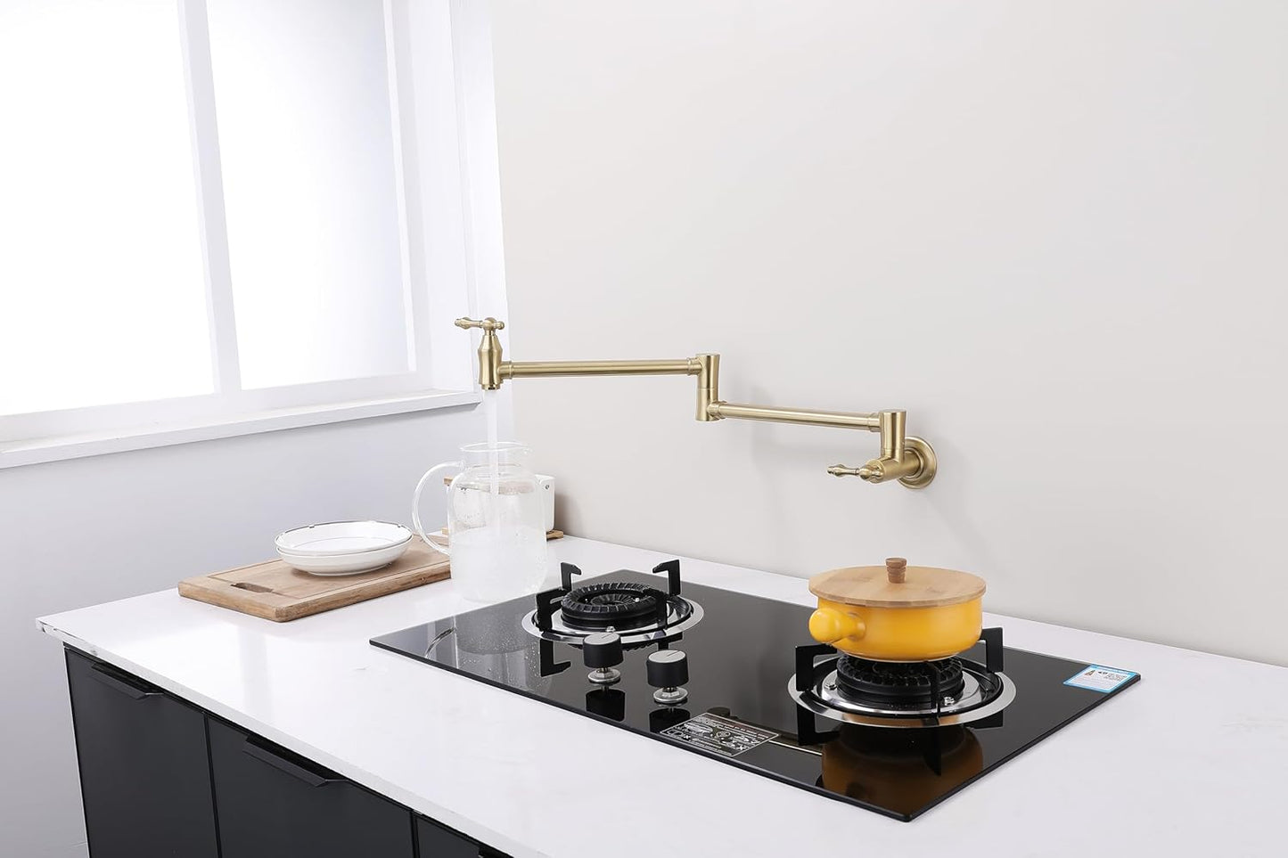 Pot Filler Over Stove Faucet Brushed Gold Wall Mount Brass Kitchen Folding Faucet Double Joint Swing Arms.