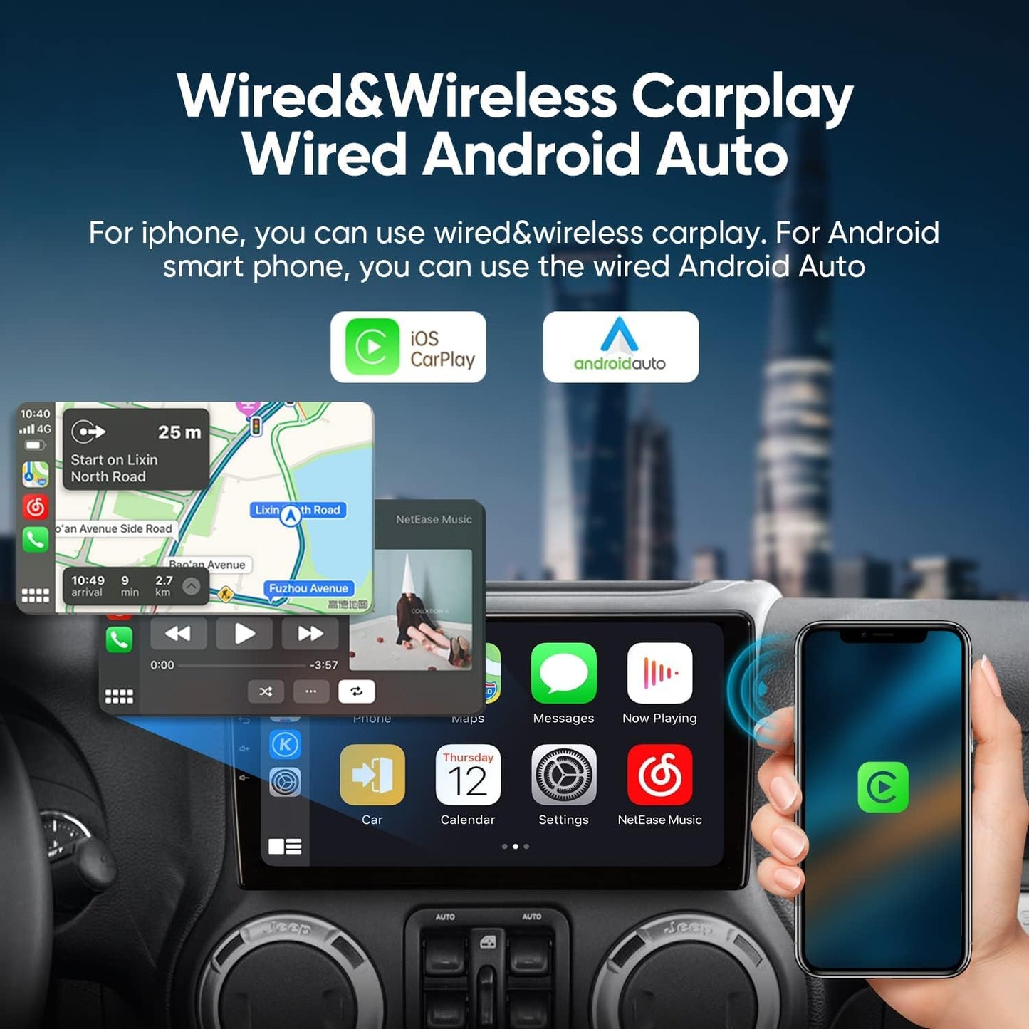 Car Radio Stereo for Jeep Wrangler JK Compass Grand Cherokee Dodge Ram with Wireless/Wire CarPlay,Android Auto