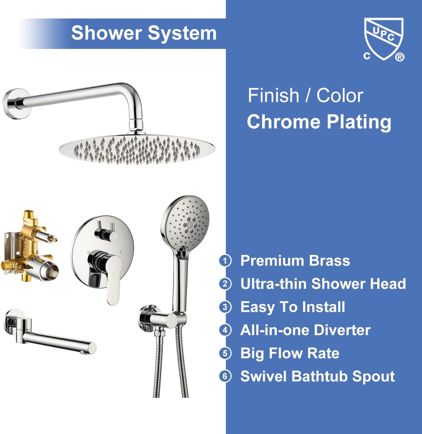 RUGUS Shower Faucet SetBathroom Rainfall Wall Mounted Shower System with Stainless Steel Metal 10 Inch Round Rain Showerhead with Rough-in