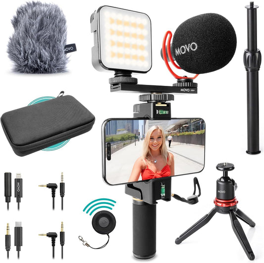 Movo iVlogger-PRO Vlogging Kit for iPhone/Android - YouTube Starter Kit for Content Creators - Accessories: Phone Tripod, Phone Mount, RGB Light and