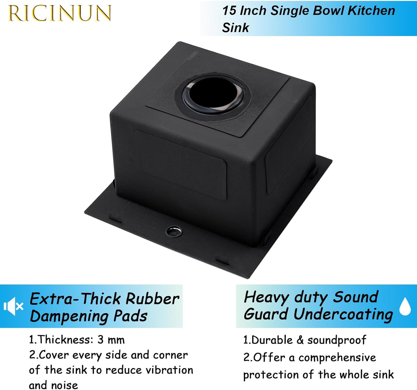 RICINUN 15x15 Inch Black Drop In Bar Sink,15 Inch Gunmetal Black Top Mount Small Bar RV Sink, Stainless Steel 16 Gauge Single Bowl Kitchen Prep Sink