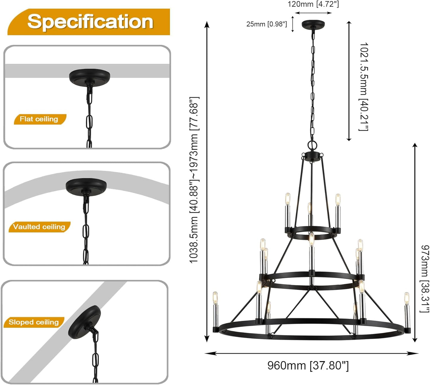 Large Black Wagon Wheel Chandelier 15 Light High Ceiling Chandelier Light Fixture 3 Ring Metal Round Chandelier for Foyer Staircase Entryway Living Ro