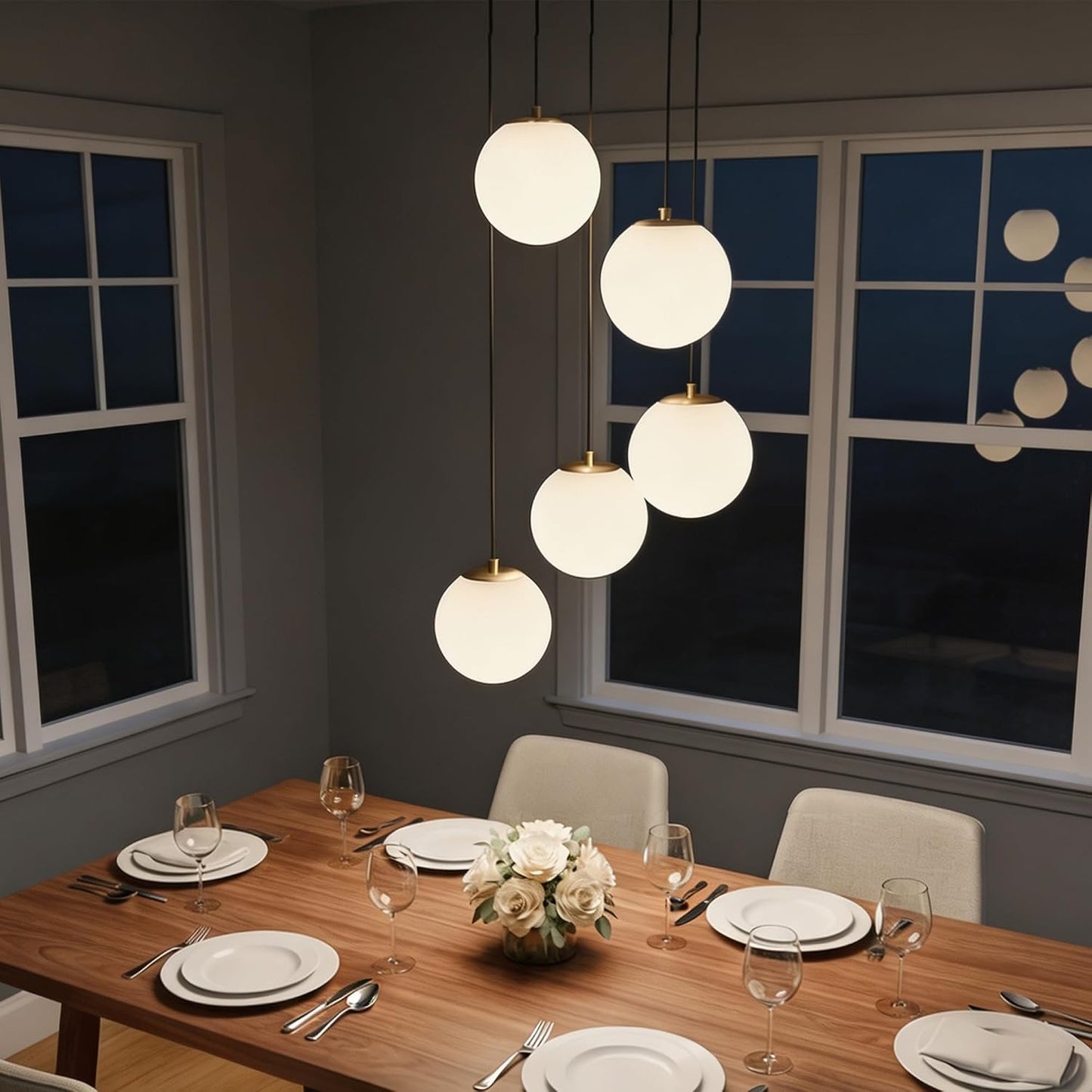 5-Light Globe Cluster Mid Century Modern Chandelier for Dining Room | Brushed Gold Finish, Milk White Glass Pendants, Adjustable Height, for Staircase Kitchen Island