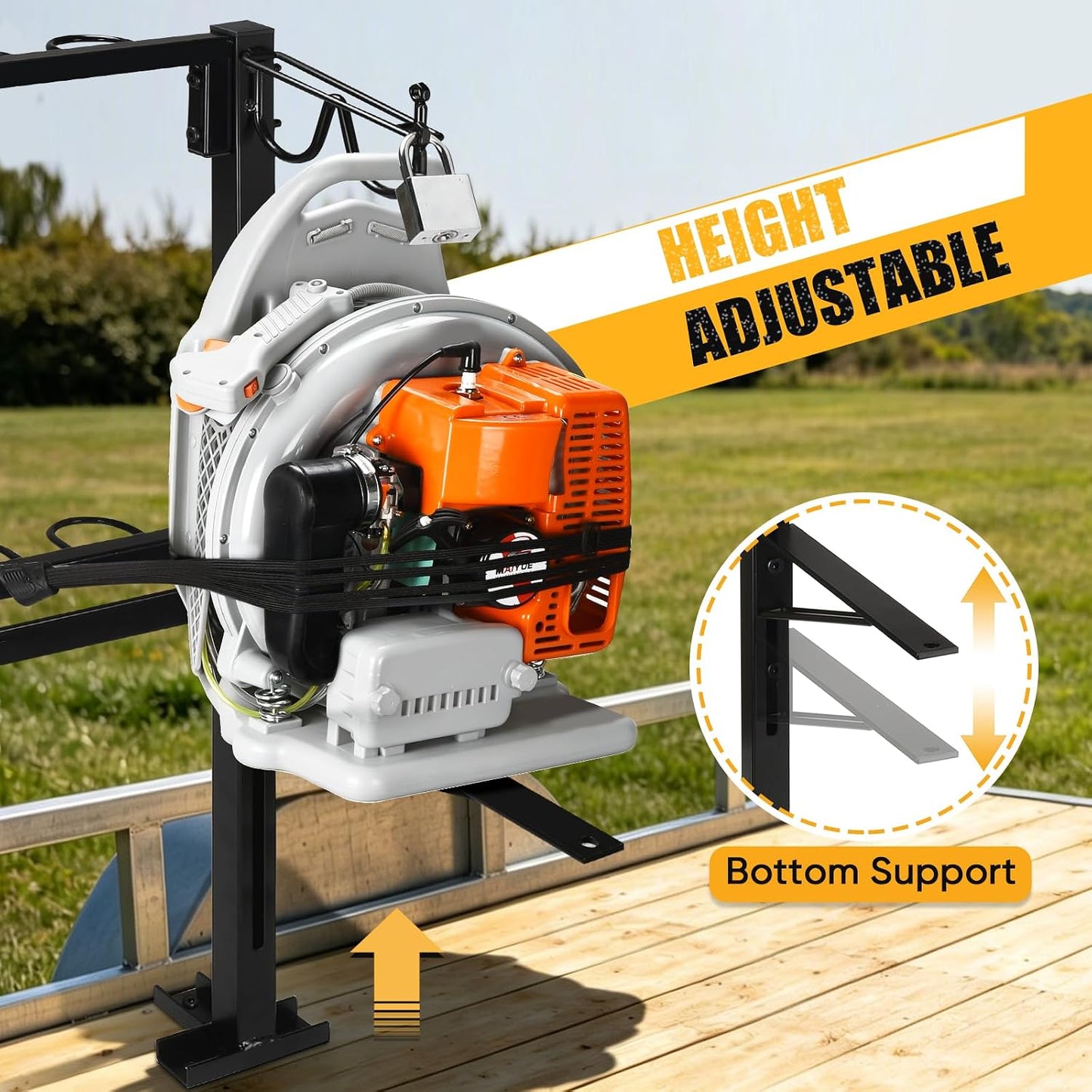 2 Place Backpack Blower Rack for Trailer - Trailer Tool Rack with 4 Holes | Heavy Duty, Truck Tool Organizer Holder for Yard Tools Rakes Shovels, Height Adjustable Holding Base Fit 16"-25” Blower