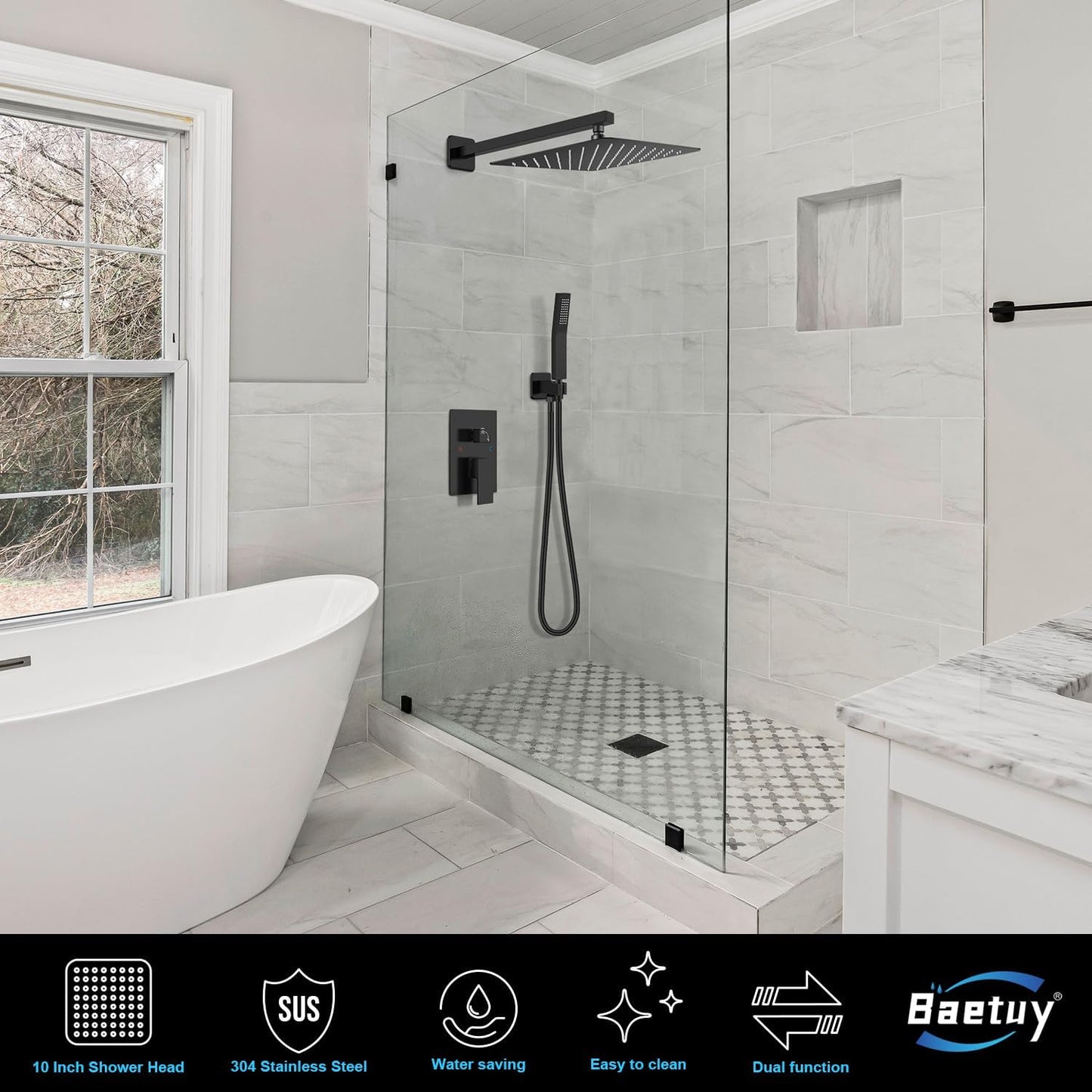 Baetuy 8 Inch Shower Faucet Set, Rainfall Shower System With High Pressure Handheld Shower Head and Square Fixed Shower Head,Spray Wall Mounted