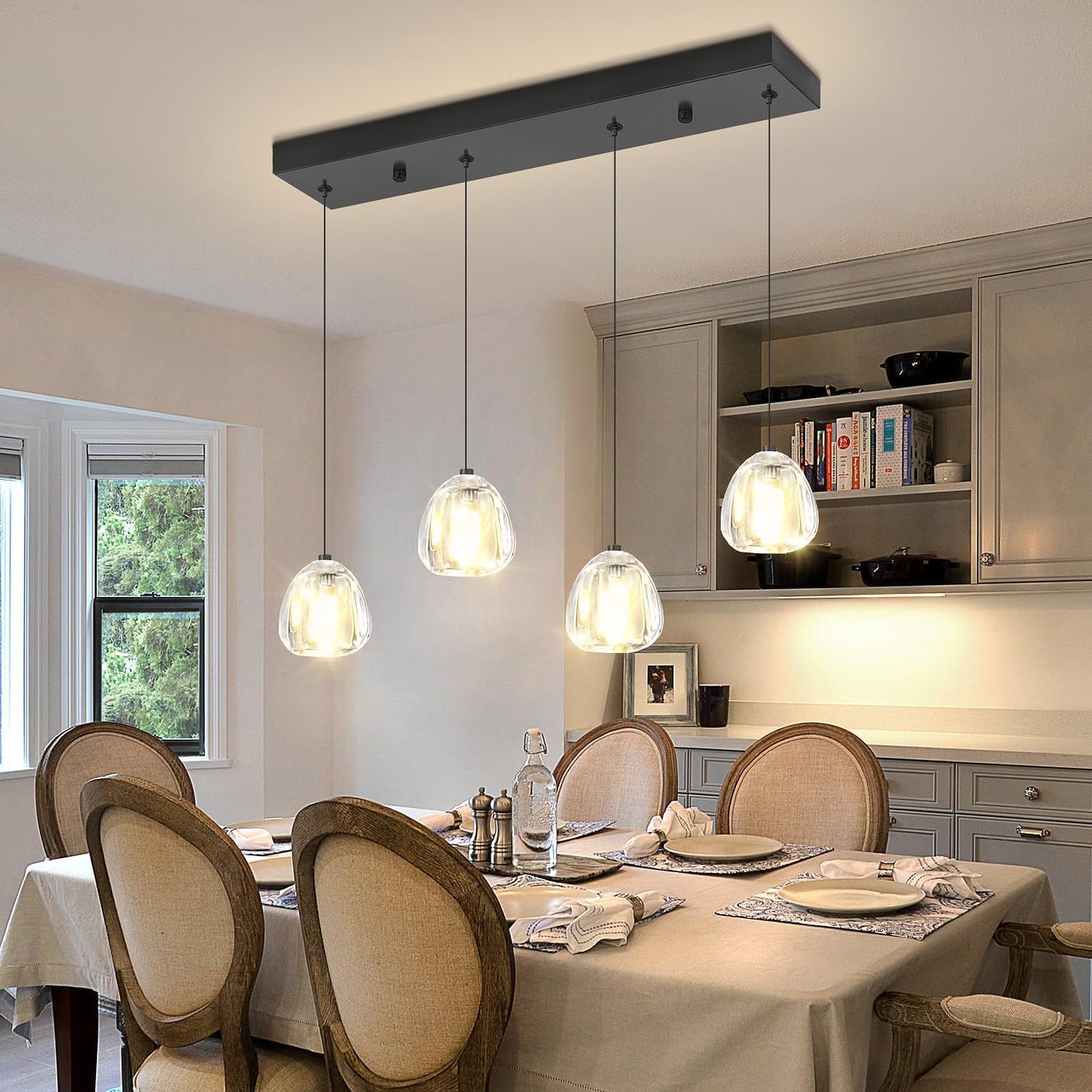 Crystal Kitchen Island Lights,4-Light Black Linear Chandeliers for Dining Room, Kitchen Pendant Lighting Over Island, Rectangular Chandelier for Bedroom Entryway Bathroom R Black Rectangle 4-light