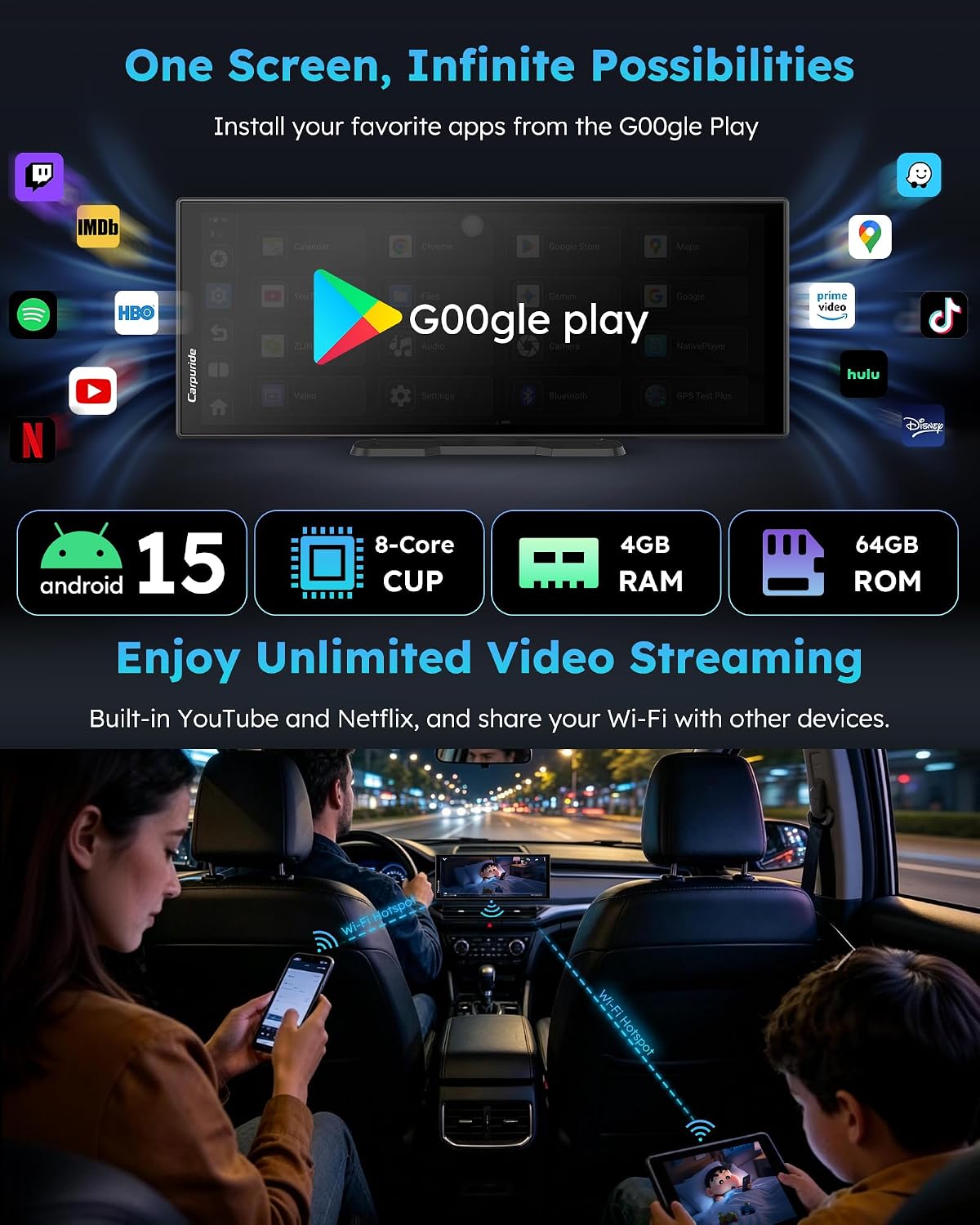 Carpuride 125PLUS CarPlay Screen for Car with AI Gemini & Download APPs, 11.26" Wireless Car Play Android Auto with Front & Backup Camera, Built-in GPS for Online and Offline Nav, Split Screen, OTA