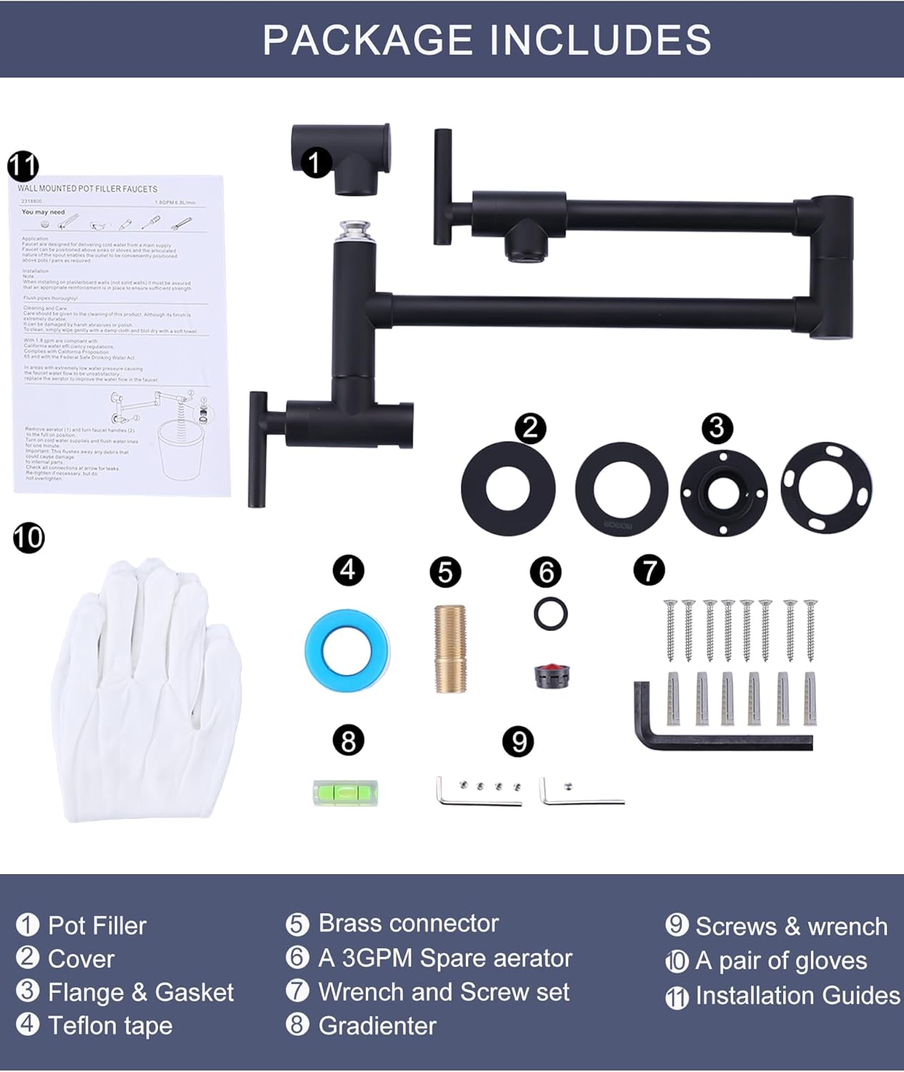 Wall Mounted, Single Hole, Folding Pot-Filler w/2 Attachments