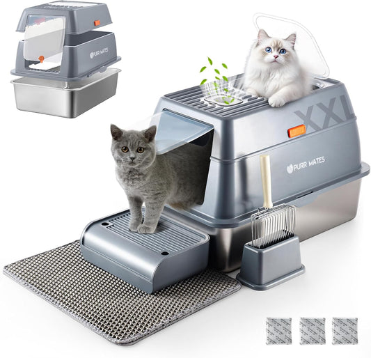 XXL Jumbo Large Stainless Steel Enclosed Deep Cat Litter Box with Extra Hooded Lid