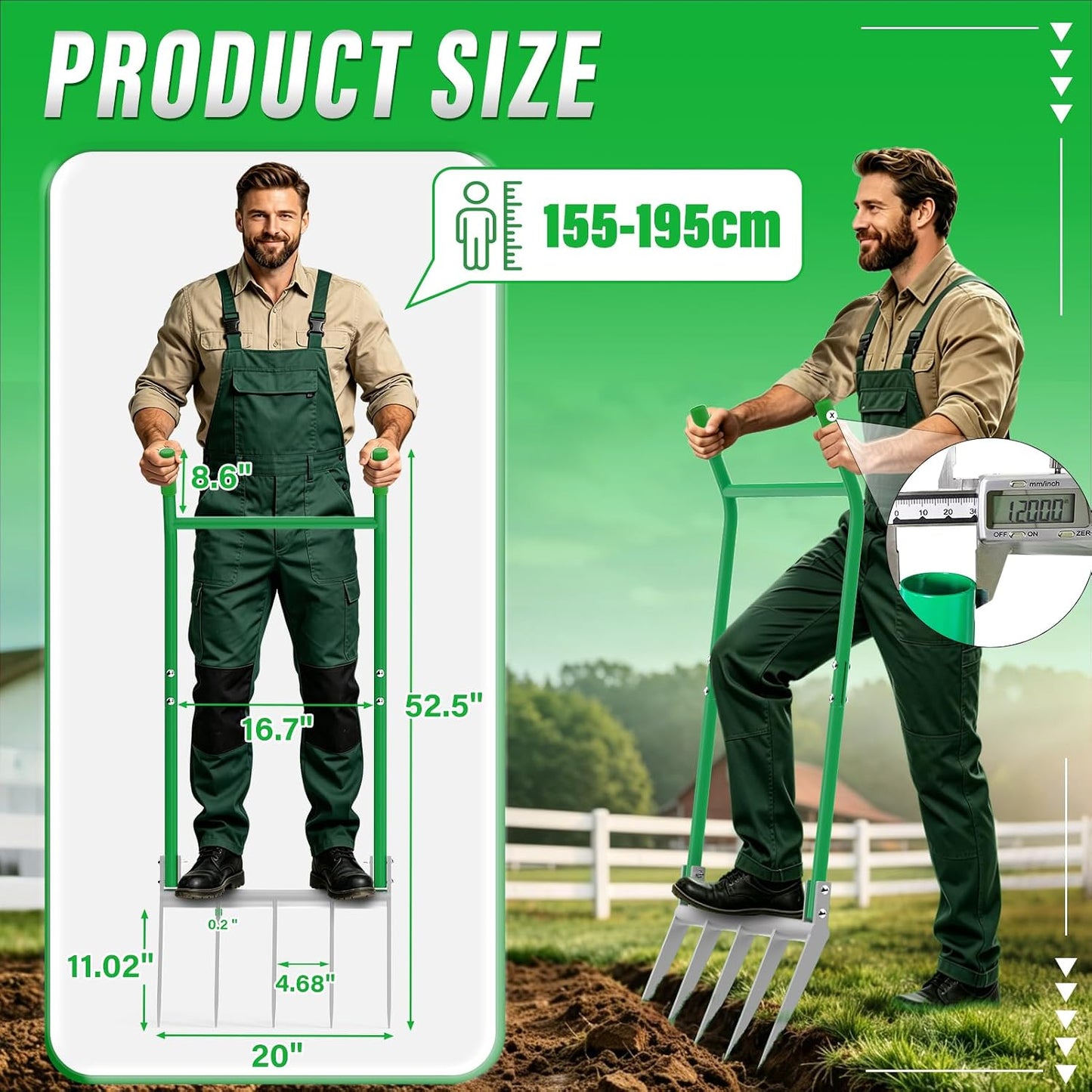 VASALAID Broadfork 5-Tine Broad Fork for Gardening Ergonomic | Heavy Duty Broadfork Tool for Gardening Cultivating Farm Garden Digging Crushing Aerate Soil (Patent Pending) Green