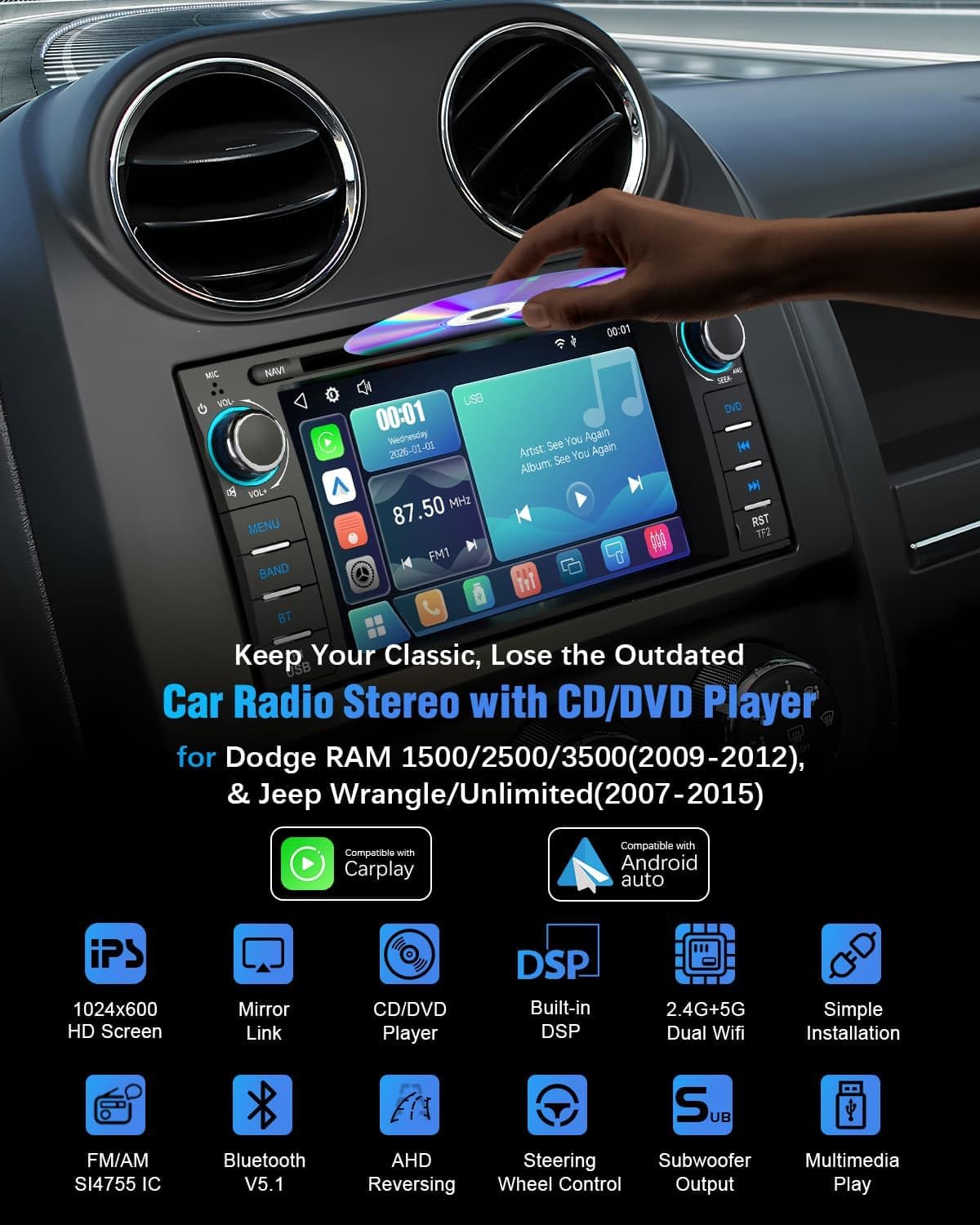 2026 Car Radio with CD/DVD Player for Dodge RAM 1500 2500 3500 (2009-2012), for Jeep Wrangle/Unlimited (2007-2015),Upgrade CarPlay&Android Auto,Online Navigation,AM,FM,Bluetooth