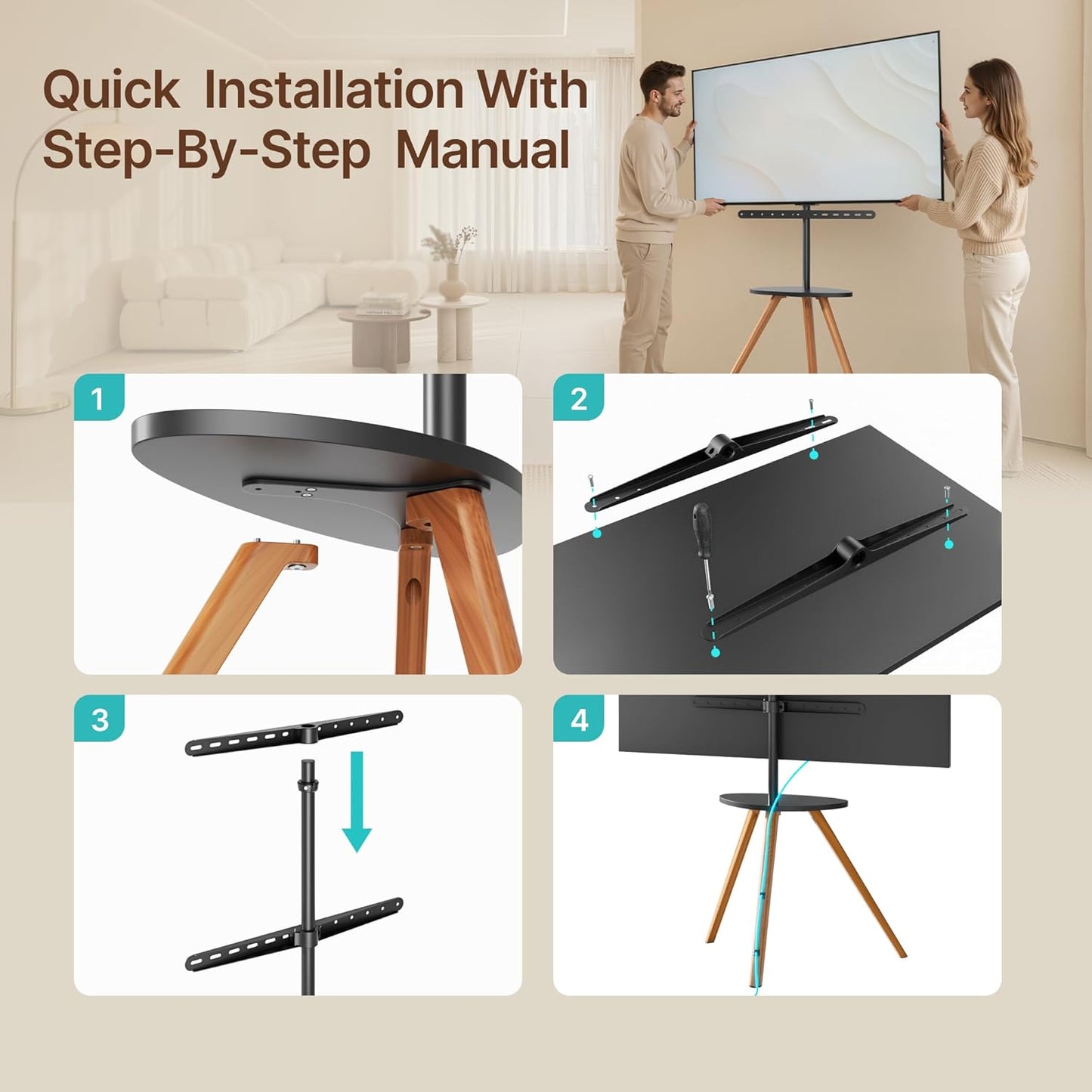 Wood Easel Tv Stand with Artistic Droplet-Shaped Shelf for 45 to 65 Inch Tvs, Swivel Height Adjustable Portable Tripod Tv Stand-Vesa Required Max 600 * 400 mm, up to 88 lbs, Black Walnut