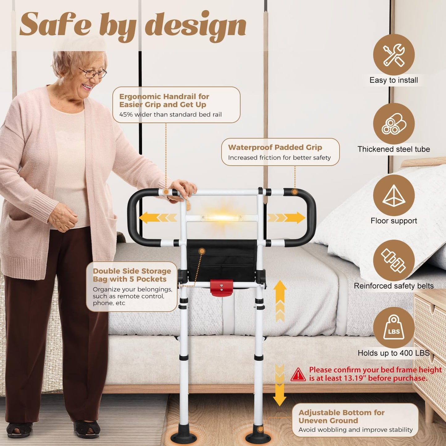 Folding Bed Rail for Elderly Adults with Motion Sensor Light, Adjustable Safety Assist Handle with Secure Straps, Heavy-Duty Bedside Support, Fits Bed Frames 13.58–19.88 in