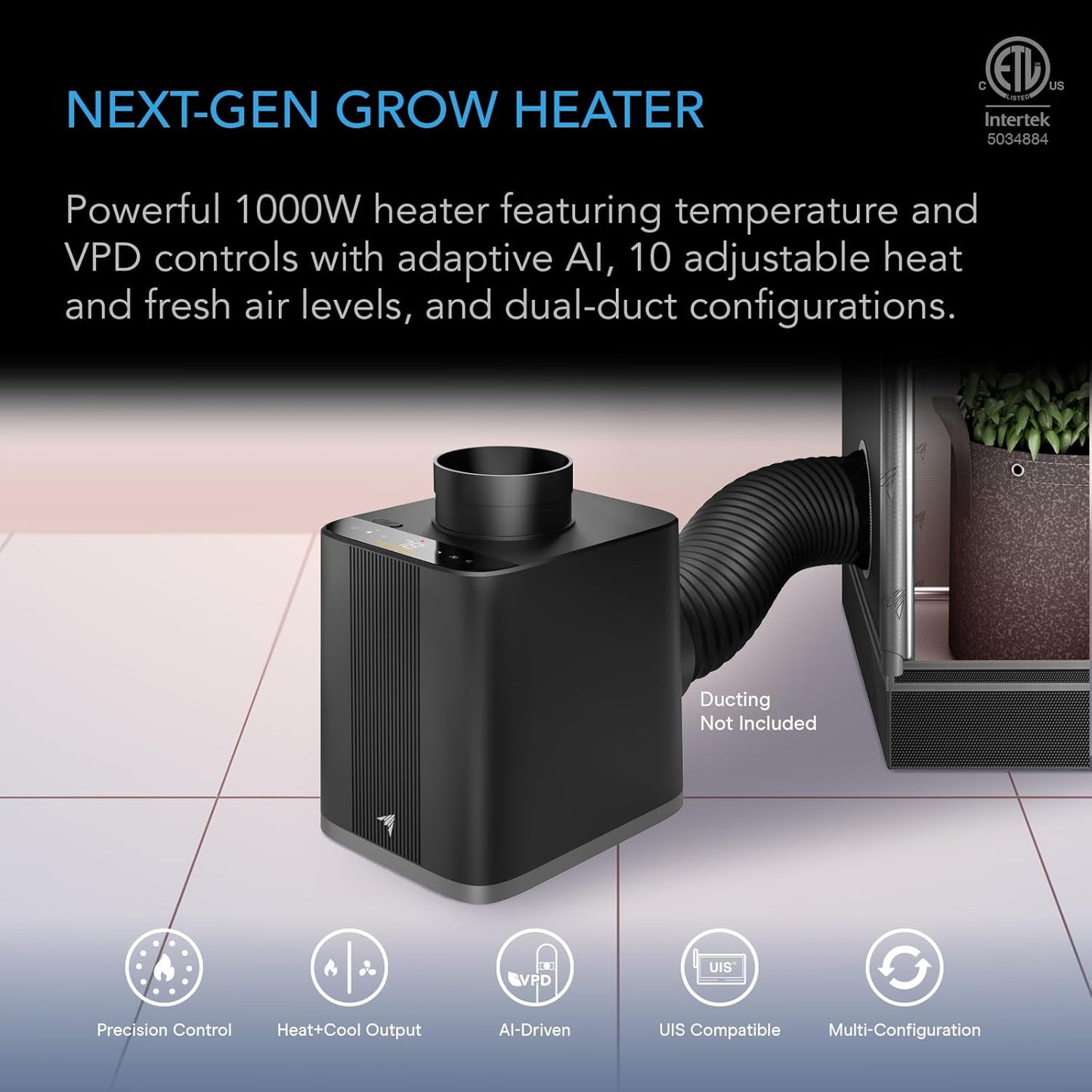 AC Infinity THERMOFORGE T7, Environmental Heater 1000W with VPD Temperature Controller, 10-Level PTC Heating and Fresh Air Intake, Adaptive AI, Dual Ducts for Grow Tents, Rooms, Greenhouses
