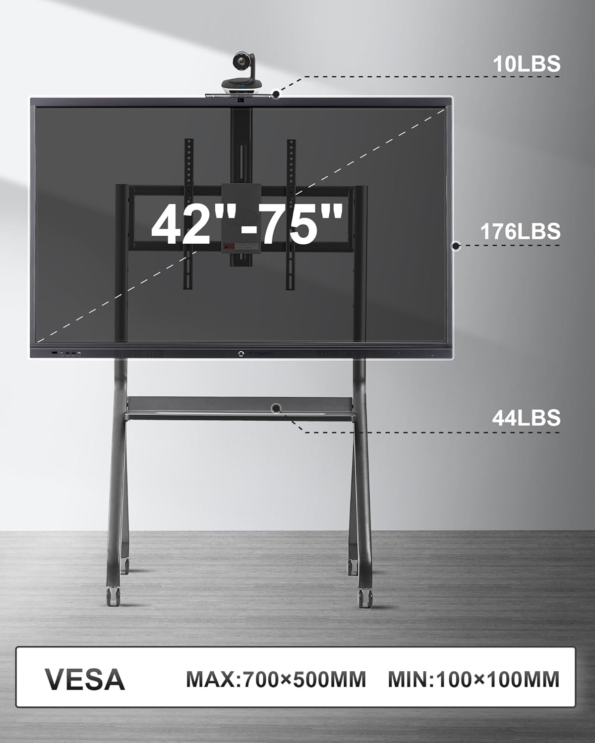 Smart Board Stand with Camera Tray Fits 42_-75' Screens, Interactive Whiteboard Stand with 360 Rotating Wheels Holds 176LBS, Height Adjustable,Mobile