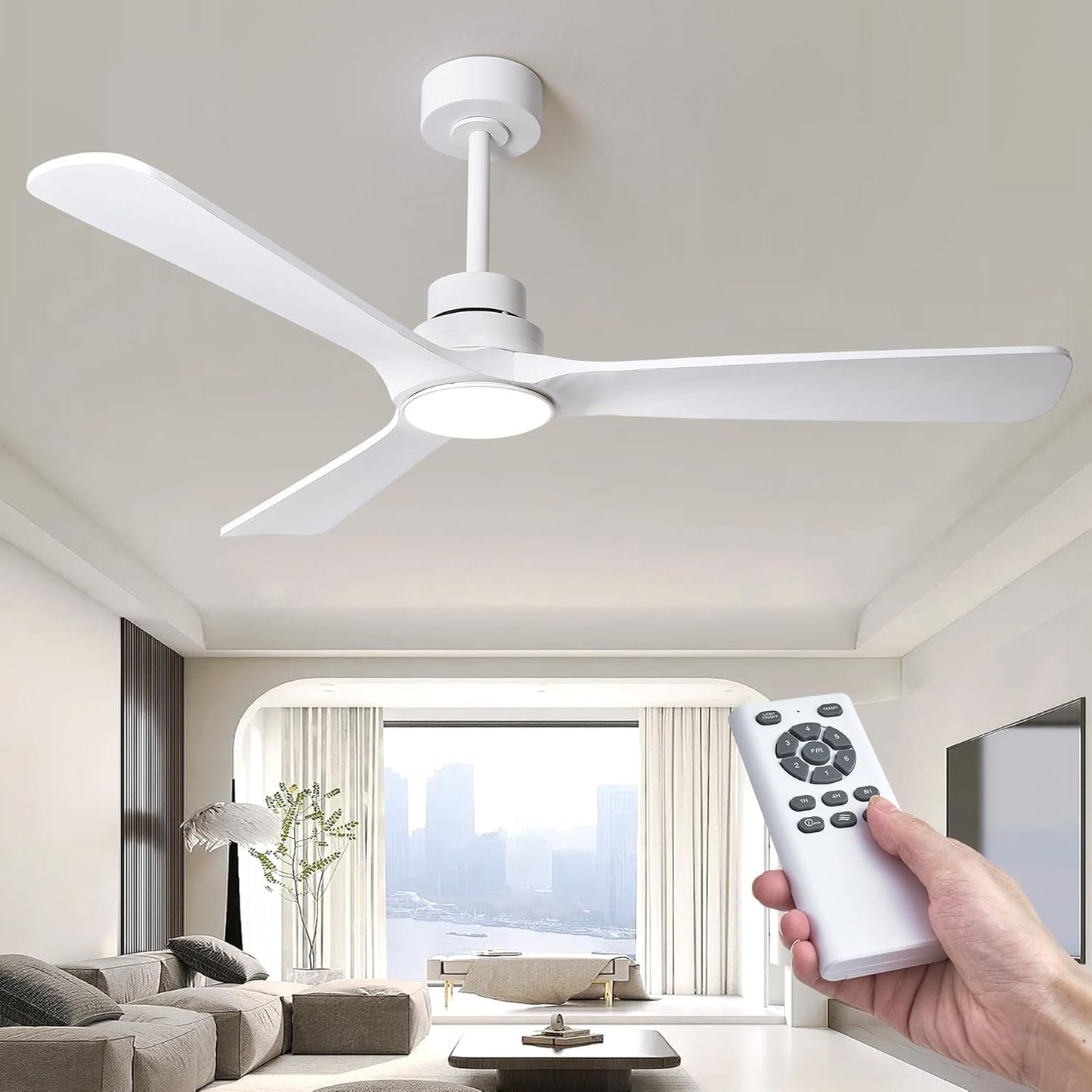 52' Wood Ceiling Fan with Lights and Remote, Reversible DC Motor 6-Speed Ceiling Fan, 3 Blades White Ceiling Fans for Bedroom/Living Room/Kitchen