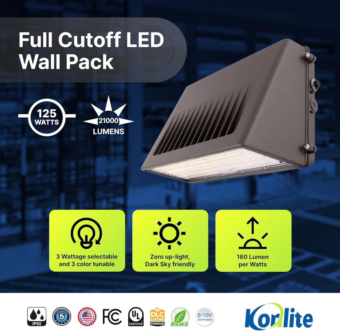 Konlite - 125W/105W/76W Full-Cutoff LED Wall Pack, Wall LED Lights, Wattage & CCT (50K/40K/30K) Selectable, LED Wall Light, Energy Efficient,