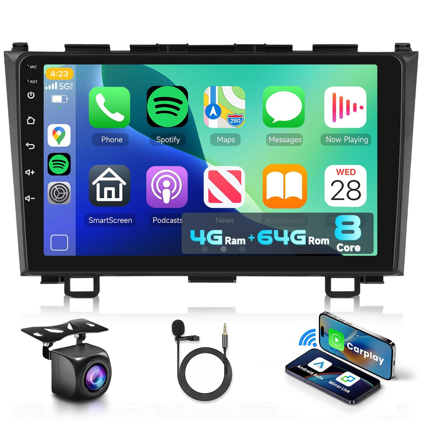 8 CORE 4+64G Car Radio Stereo for Honda CRV 2007-2011 Wireless CarPlay Android Auto 9 Inch HD IPS Touch Screen Android 13 GPS WiFi Bluetooth 32-Band DSP SWC AHD Backup Camera
