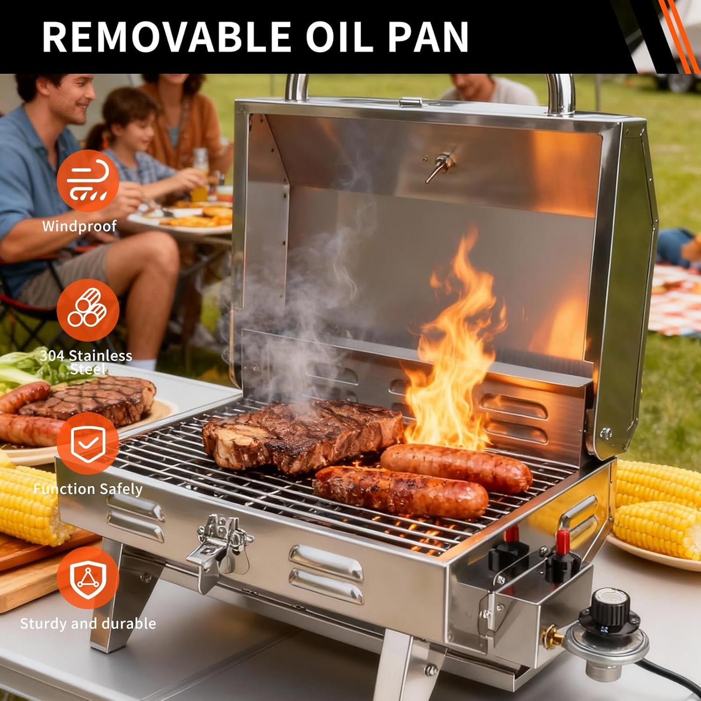 Tabletop Gas Grill, 304 Stainless Steel Marine Grills, NO ROD HOLDER MOUNT, Portable Propane BBQ for Boats & Tailgating & Camping, Built in Thermometer (Grill)