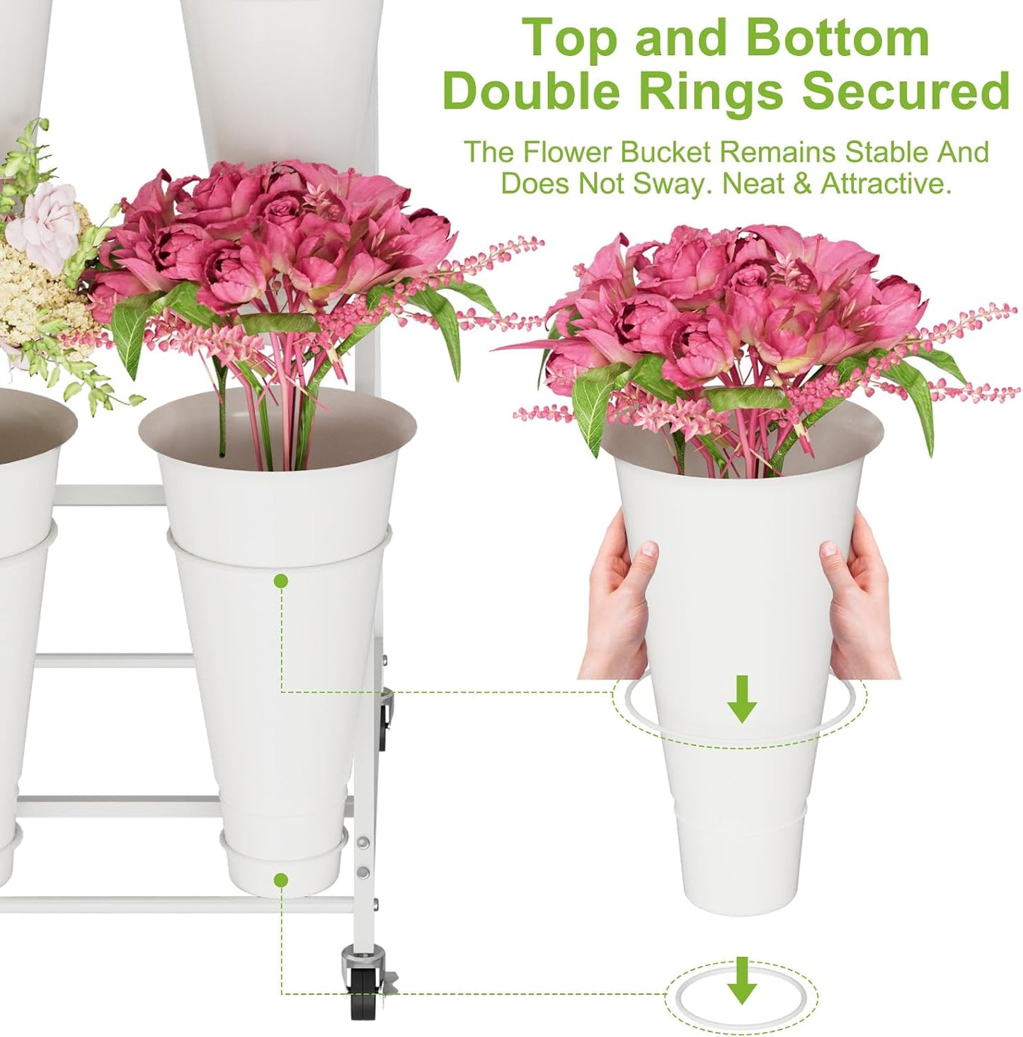 Flower Stand, 3 Tier Flower Display Stand with 12 Buckets, Upgrade Double Circle No Shaking, Outdoor Flower Cart with Wheels for Patio, Garden, Shop, Wedding, Party, Exhibition, Indoor, White