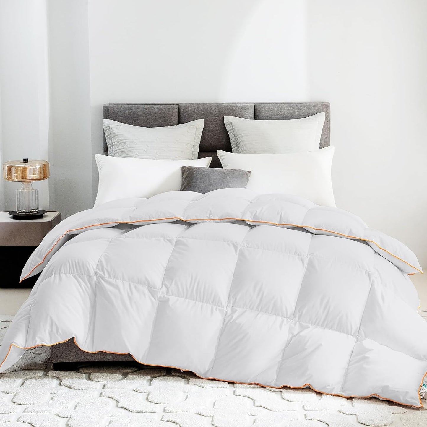 Luxurious Goose Feather Down Comforter Queen Size, Ultra-Soft Organic Cotton 750 Fill-Power All Season Down Duvet, 65oz Fluffy Lightweight Hotel