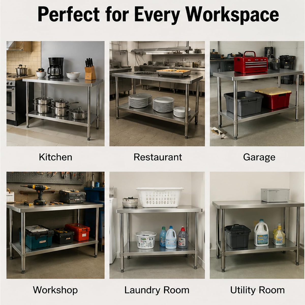 Stainless Steel Work Table, 24 x 48 Inch Heavy-Duty Prep Table with Undershelf and Reinforced Supports for Kitchen, Restaurant, Garage, Workshop, and Laundry Room