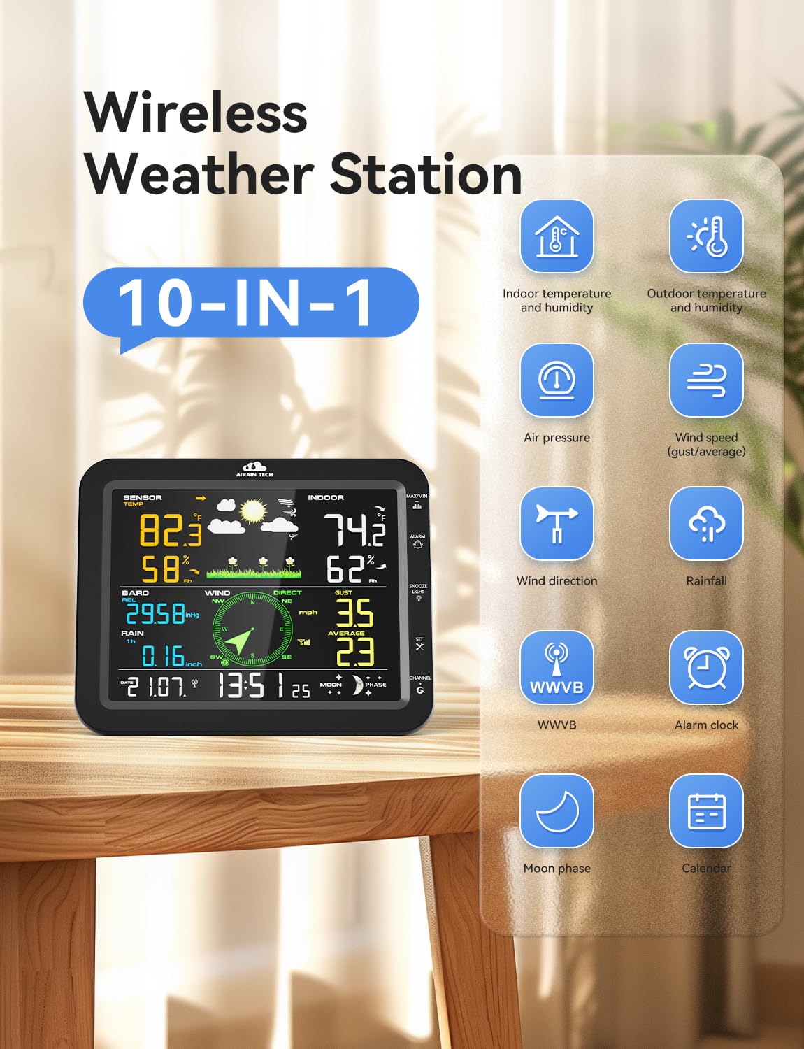 Wireless Weather Station – with Outdoor Sensor, Rain Gauge, Wind Speed/Direction, Moon Phase, Barometer, Indoor/Outdoor Temp & Humidity, Weather Forecast (No WiFi)