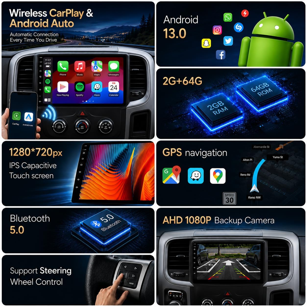 Car Stereo for Dodge Ram 1500 2500 3500 2013 2014 2015 2016 2017 2018, 9" Android 13 Touchscreen Radio, Wireless CarPlay Android Auto, GPS, Bluetooth, Backup Camera, Manual AC Only Dodge RAM 1500 2500 3500 2013 2014 2015 2016 2017 2018 Manual AC